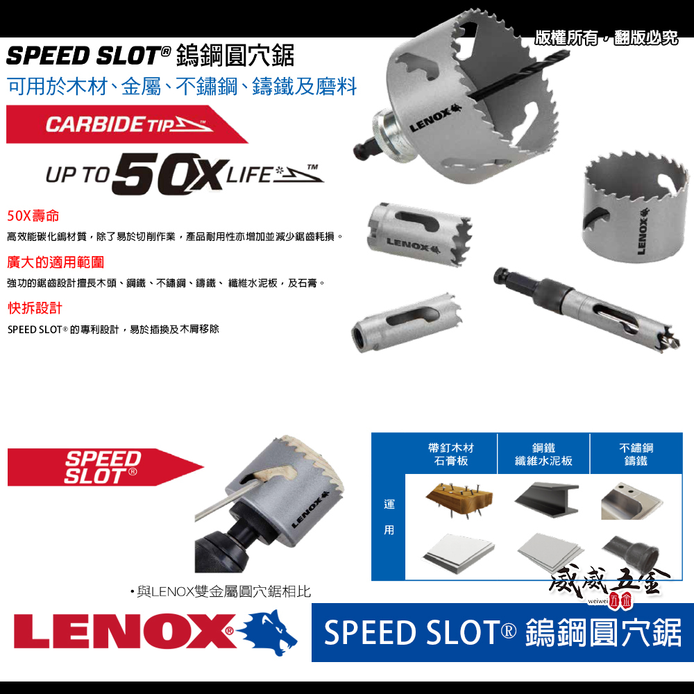 LENOX 美國 狼牌｜單買殼17.5-152mm｜SLOT鎢鋼圓穴鑽 50X圓穴鋸 金屬木工白鐵不鏽鋼鑽頭