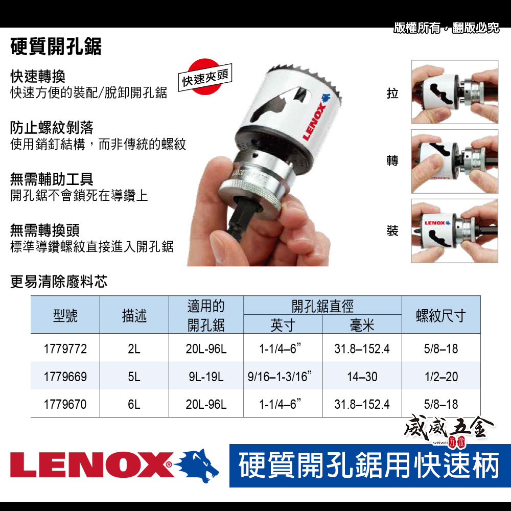 LENOX 狼牌 美國｜5L｜1779669｜單賣快速柄｜T3 鎢鋼 圓穴鋸用快速夾頭柄 鑽頭轉換柄 圓穴鑽用快速轉換柄