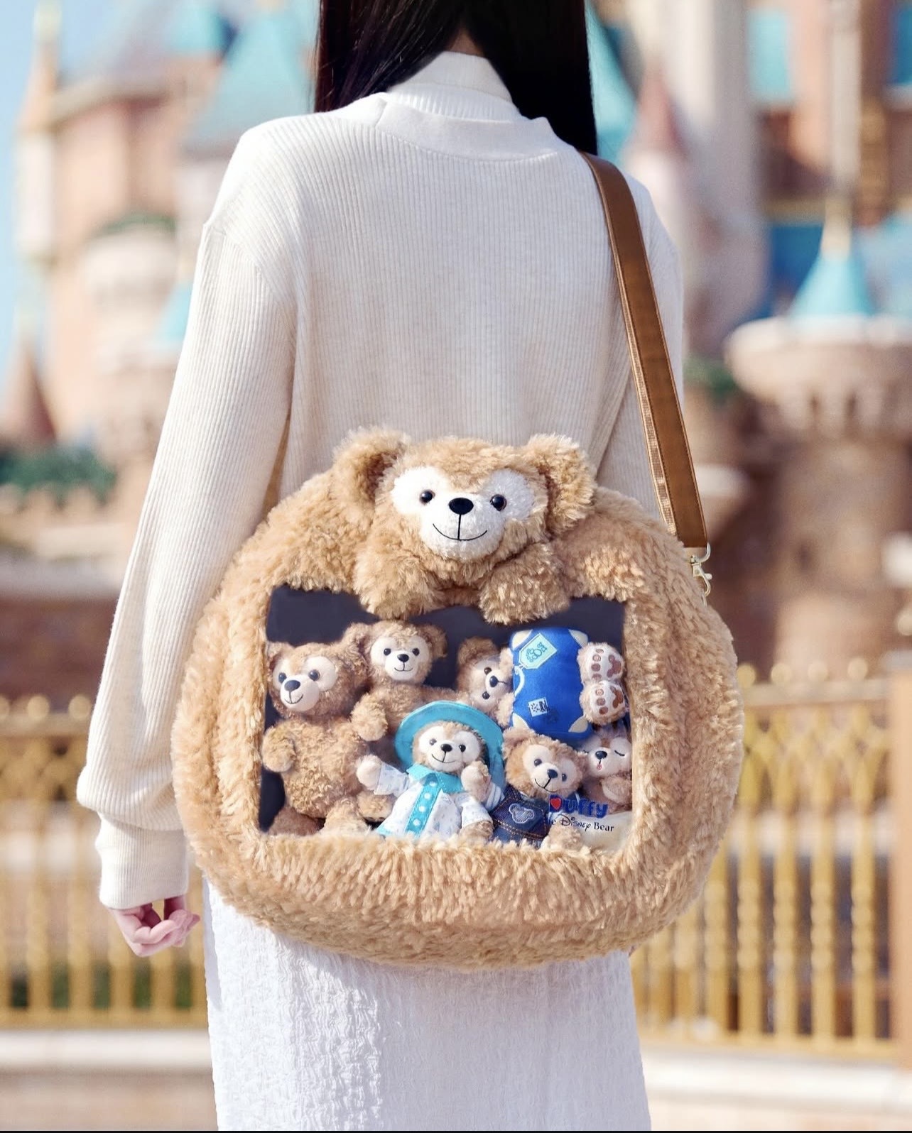 達菲 Duffy 絨毛大頭 造型 透明 手提包 斜背包 -香港迪士尼樂園