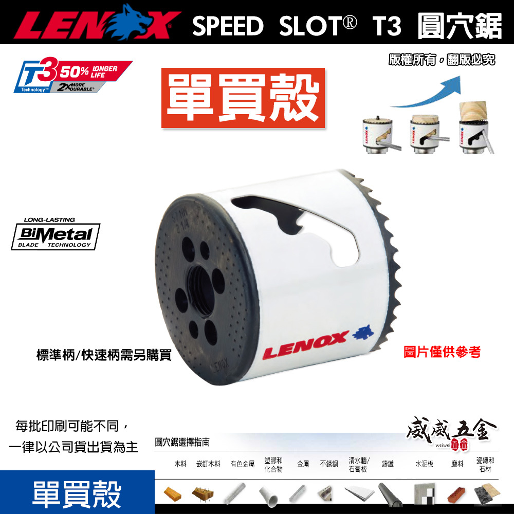 LENOX 美國 狼牌｜T3圓穴鑽｜單買殼 32-68mm｜雙金屬圓穴鋸 金屬木工白鐵不鏽鋼用鑽頭 圓穴鑽尾