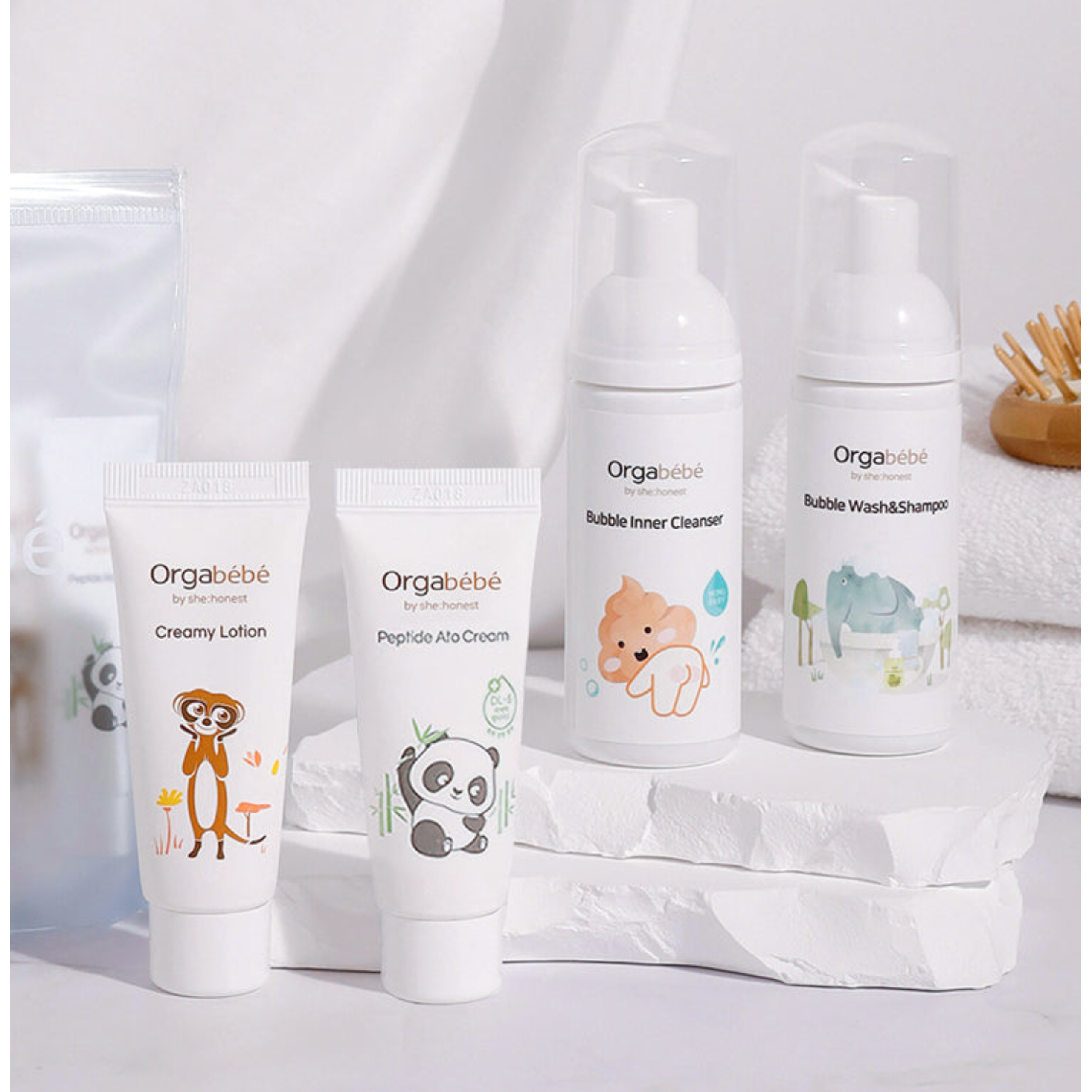 【Orgabebe】旅行套裝（洗面乳、內層清潔劑、勝肽 Ato 霜和乳霜乳液）
