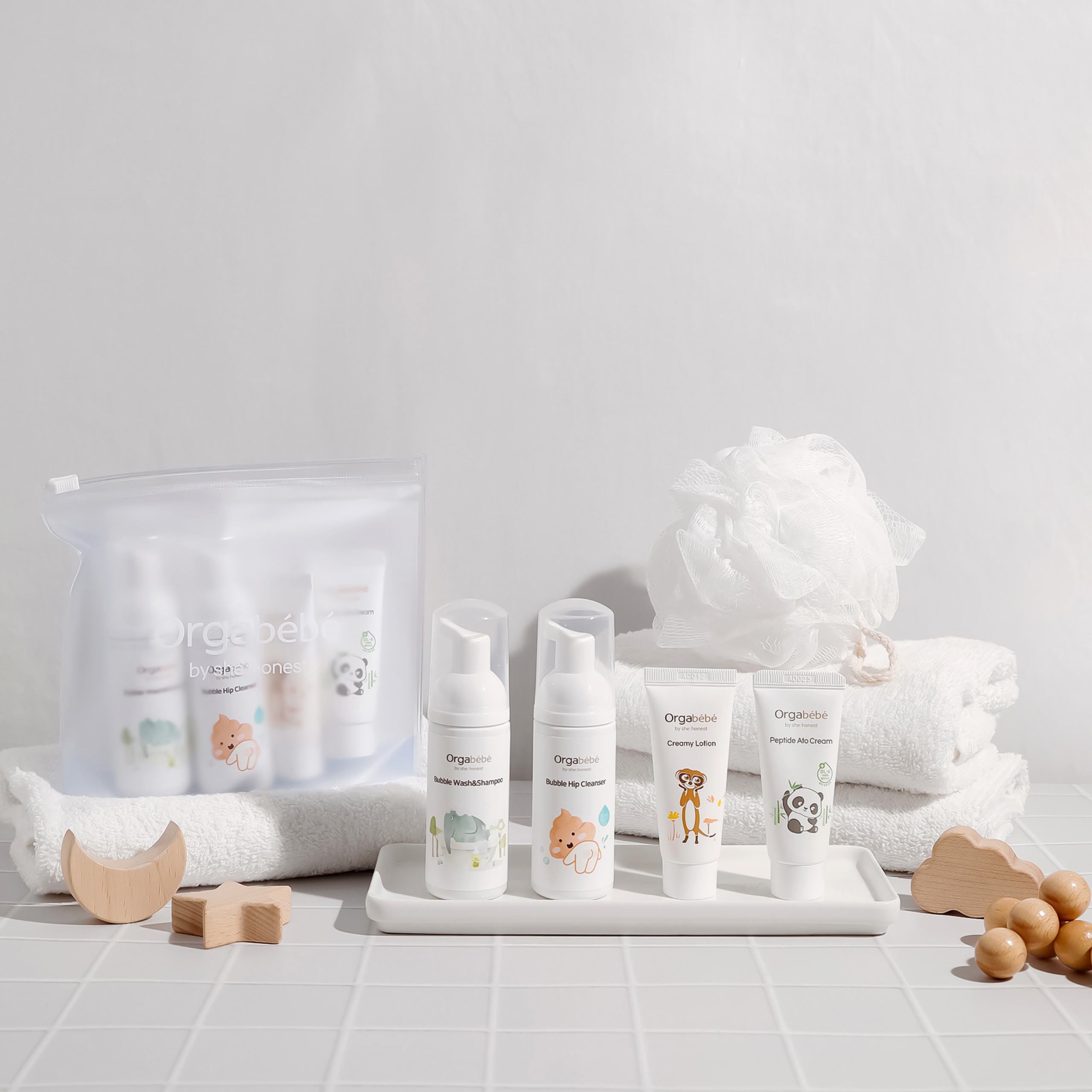 【Orgabebe】旅行套裝（洗面乳、內層清潔劑、勝肽 Ato 霜和乳霜乳液）