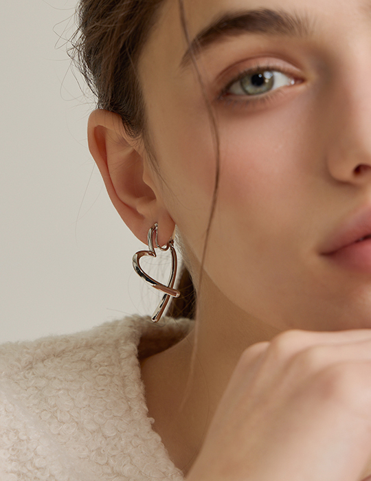 愛心雙線。夾式耳環(銀)