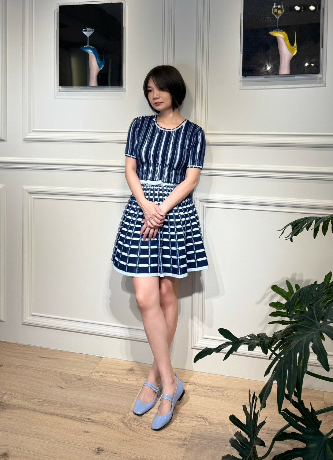 ‍‍Elisabetta Franchi 針織網紗洋裝-附腰帶(藍)