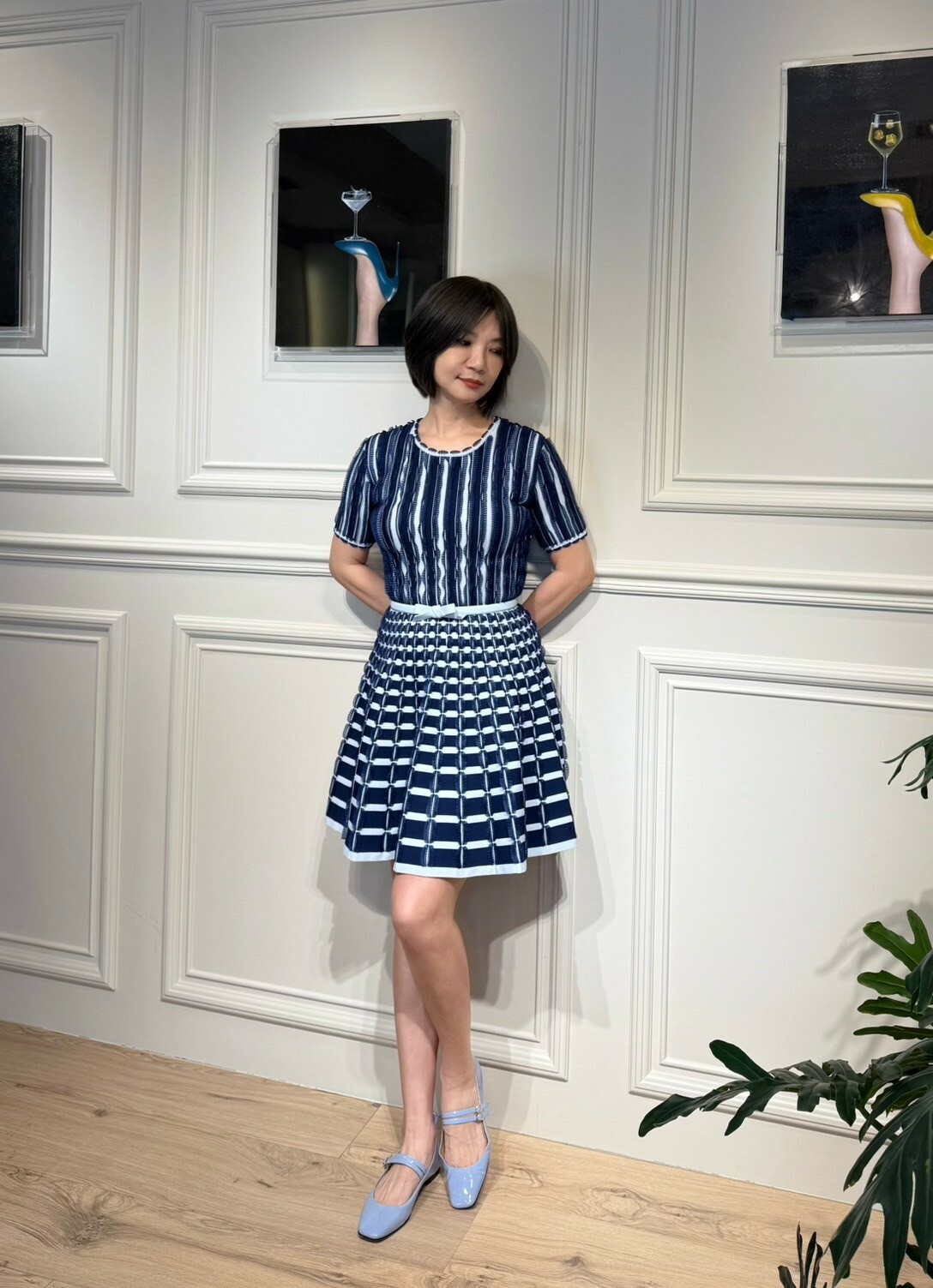 ‍‍Elisabetta Franchi 針織網紗洋裝-附腰帶(藍)