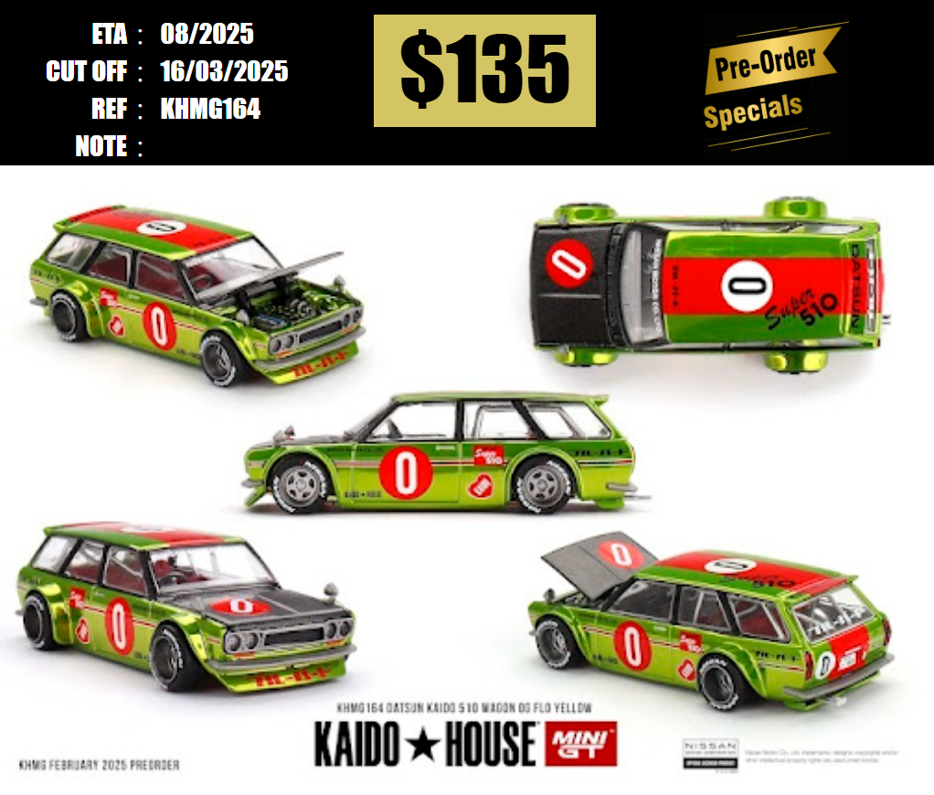PO-$135 * MINI GT * 1:64 KHMG164 Datsun KAIDO 510 Wagon OG  Flo Yellow [OD03/03]