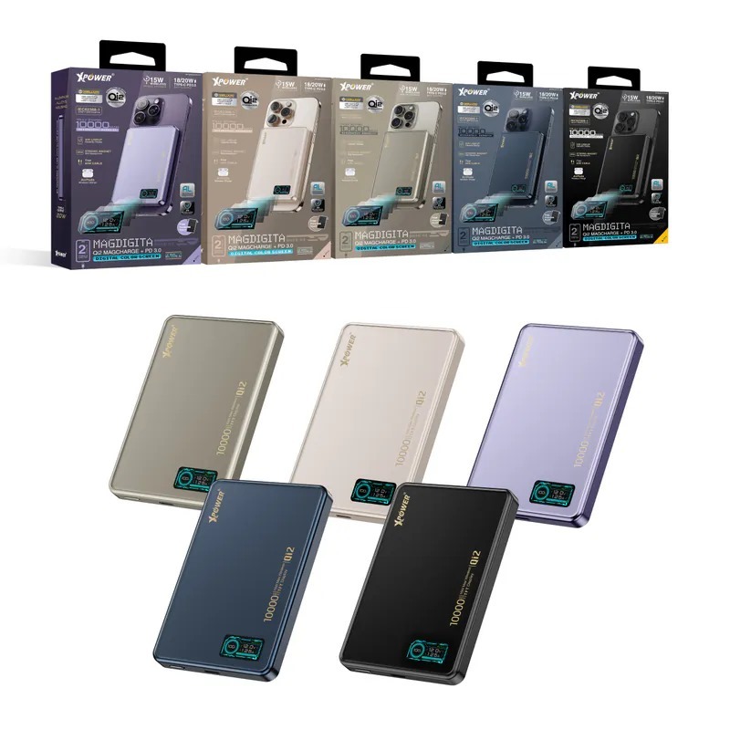 (2339)XPower MagDigita彩屏顯示鋁合金外殼 10000mAh PD3.0+QI2 磁吸移動電源 (5色可選)