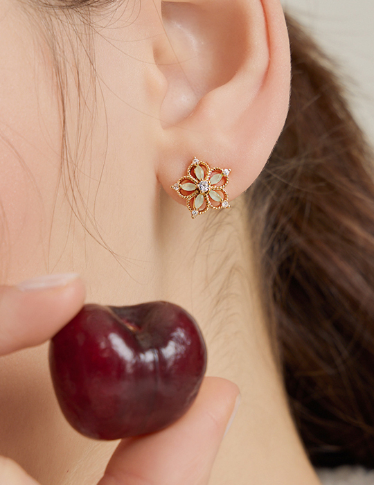 森林線形小花。夾式耳環