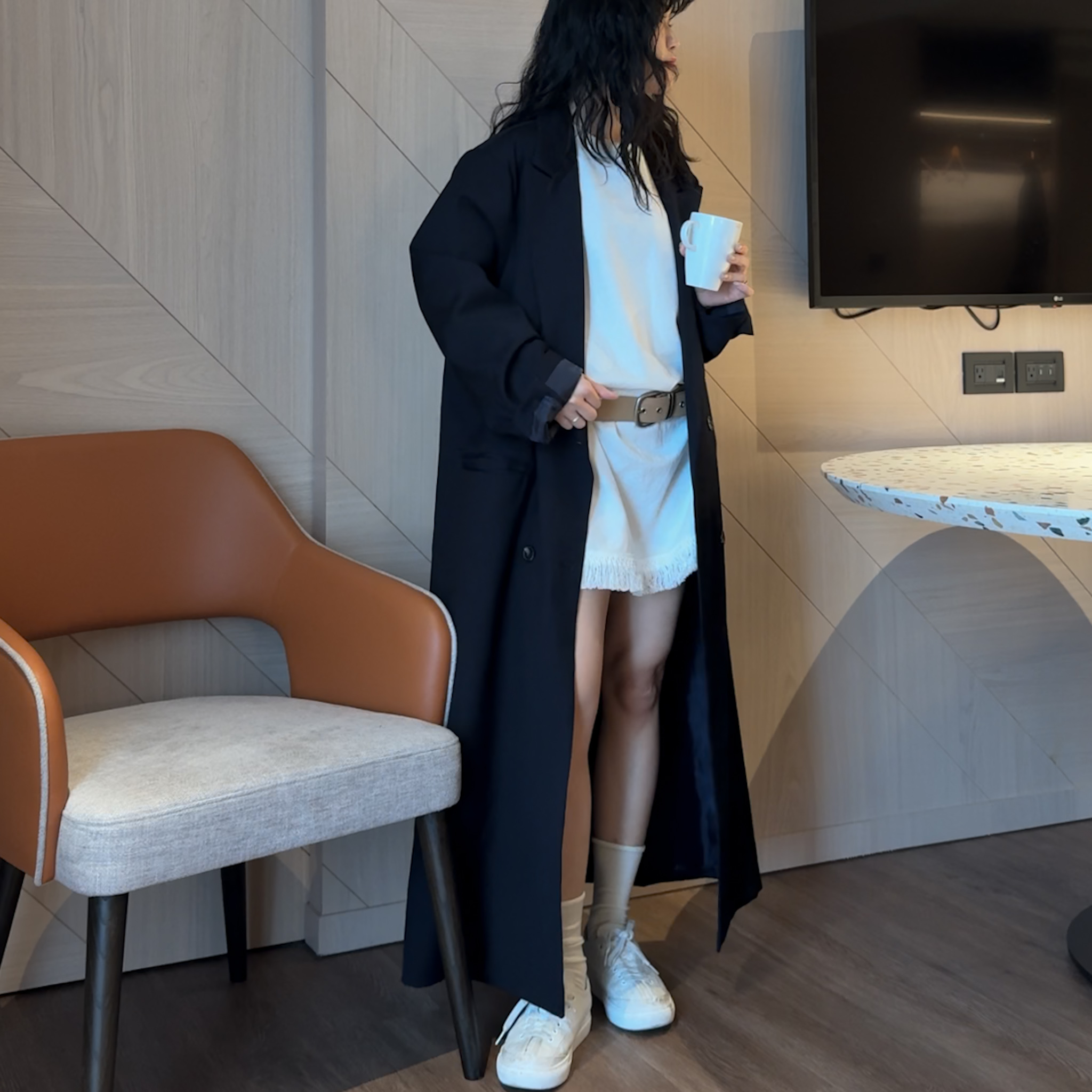 R01Rayon後衩鬆弛率性長西外(黑)