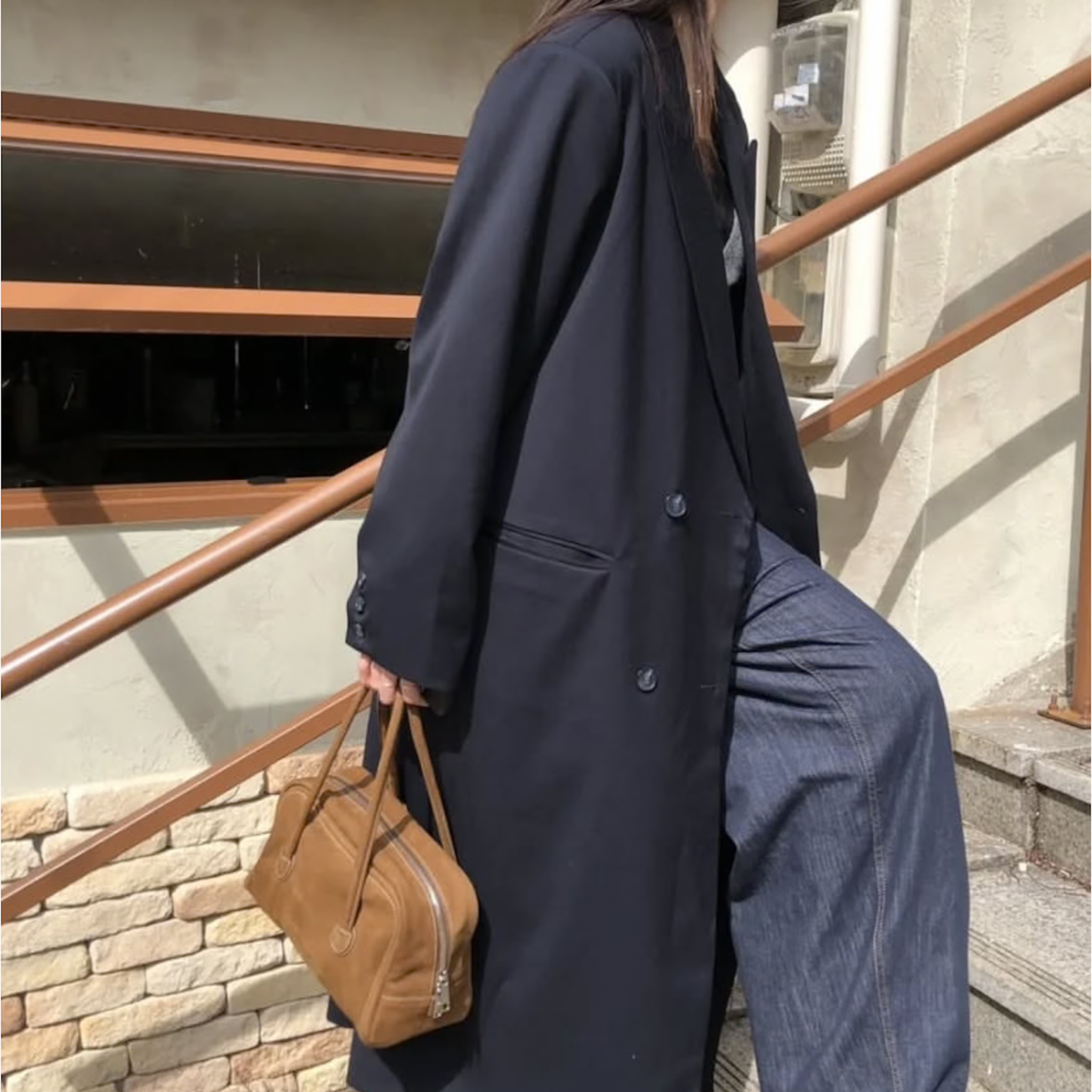 R01Rayon後衩鬆弛率性長西外(黑)