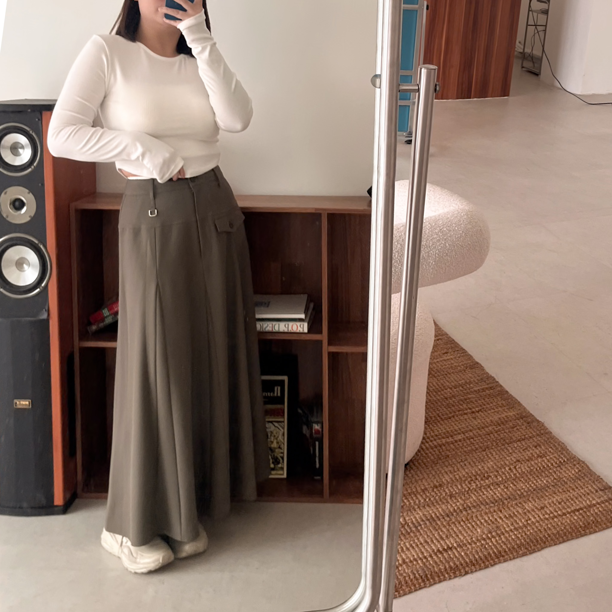 R09設計口袋雙層褲頭傘裙(米/SM)