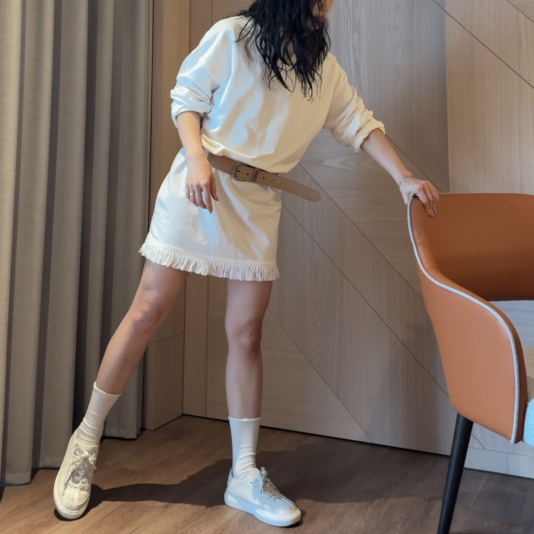 R12漂亮母親私心選品歐美下擺流蘇高磅數中長版上衣(白)