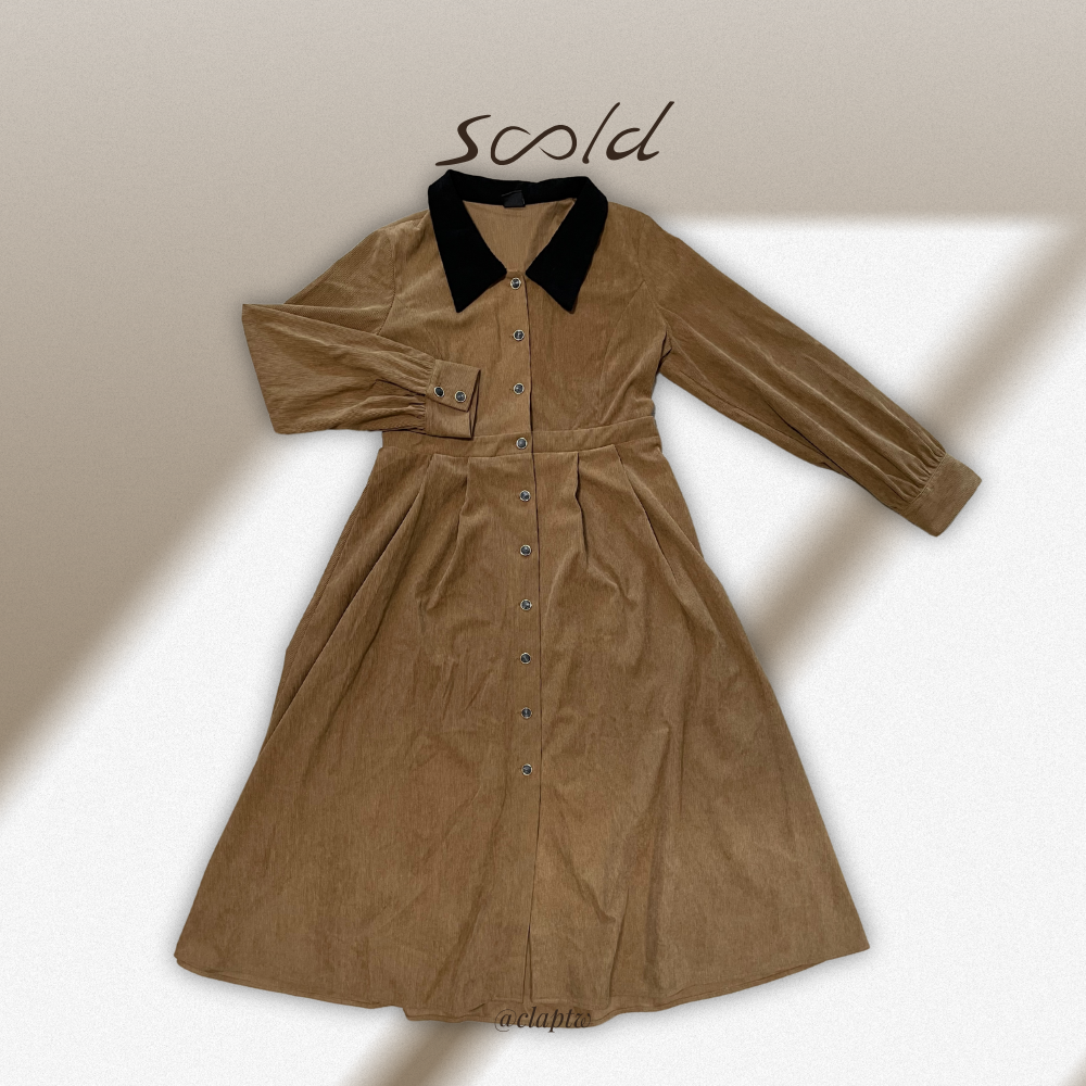 燈芯絨拼色長洋裝