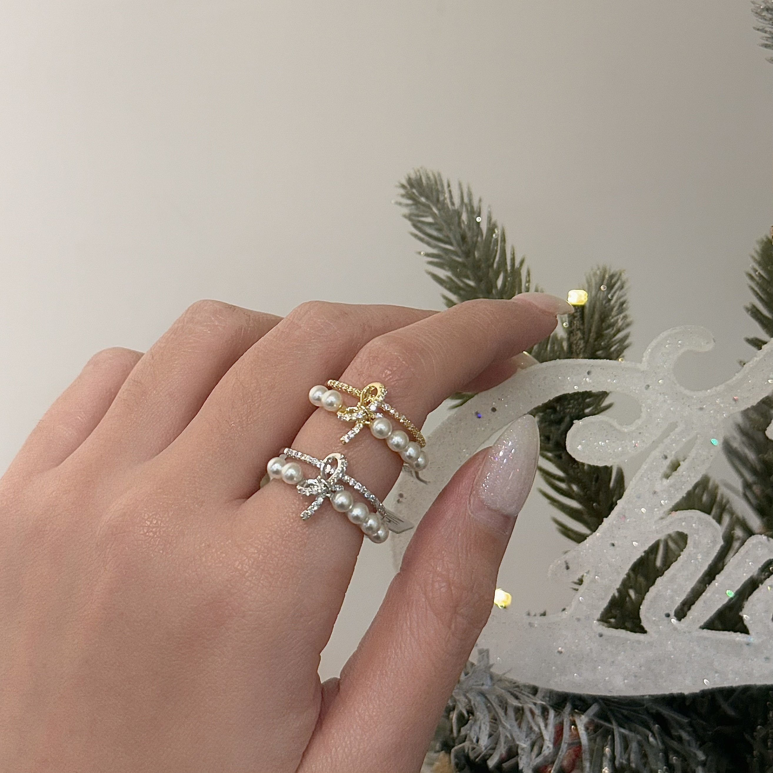 珍珠蝴蝶結調整戒