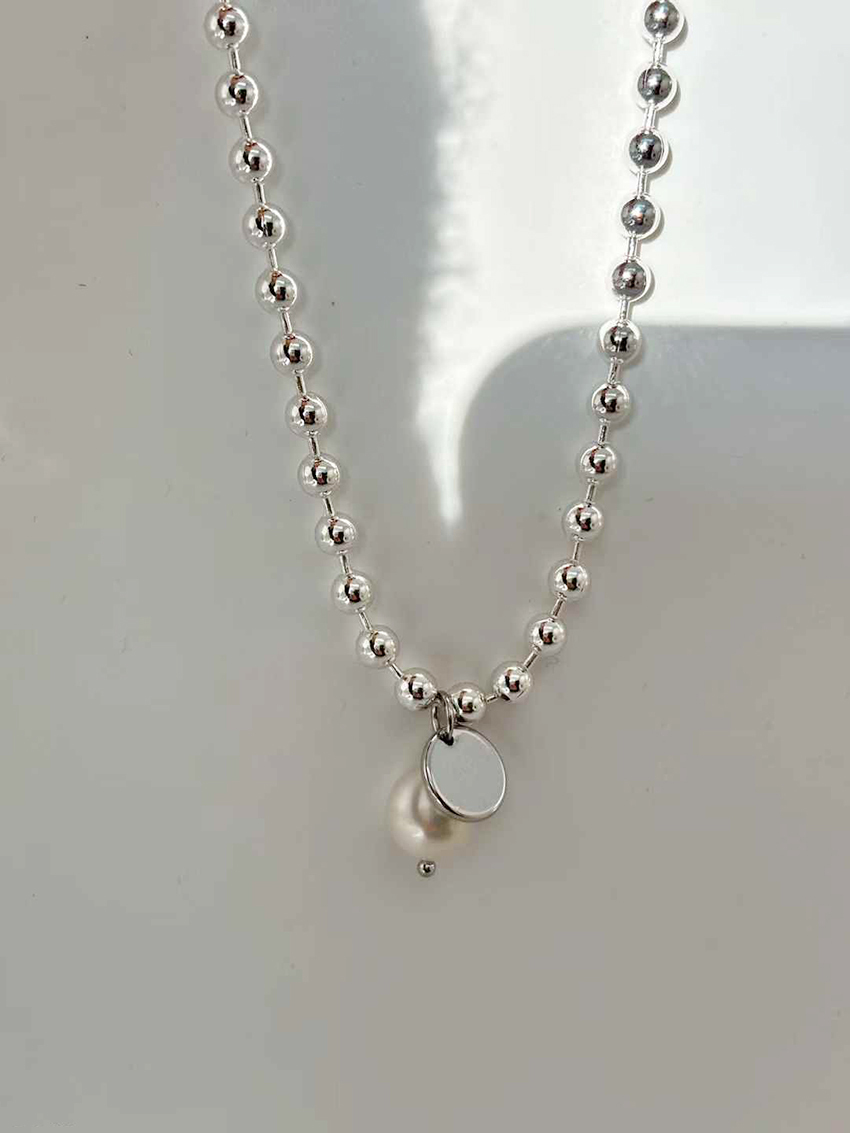 iron tag pearl silver bead necklace