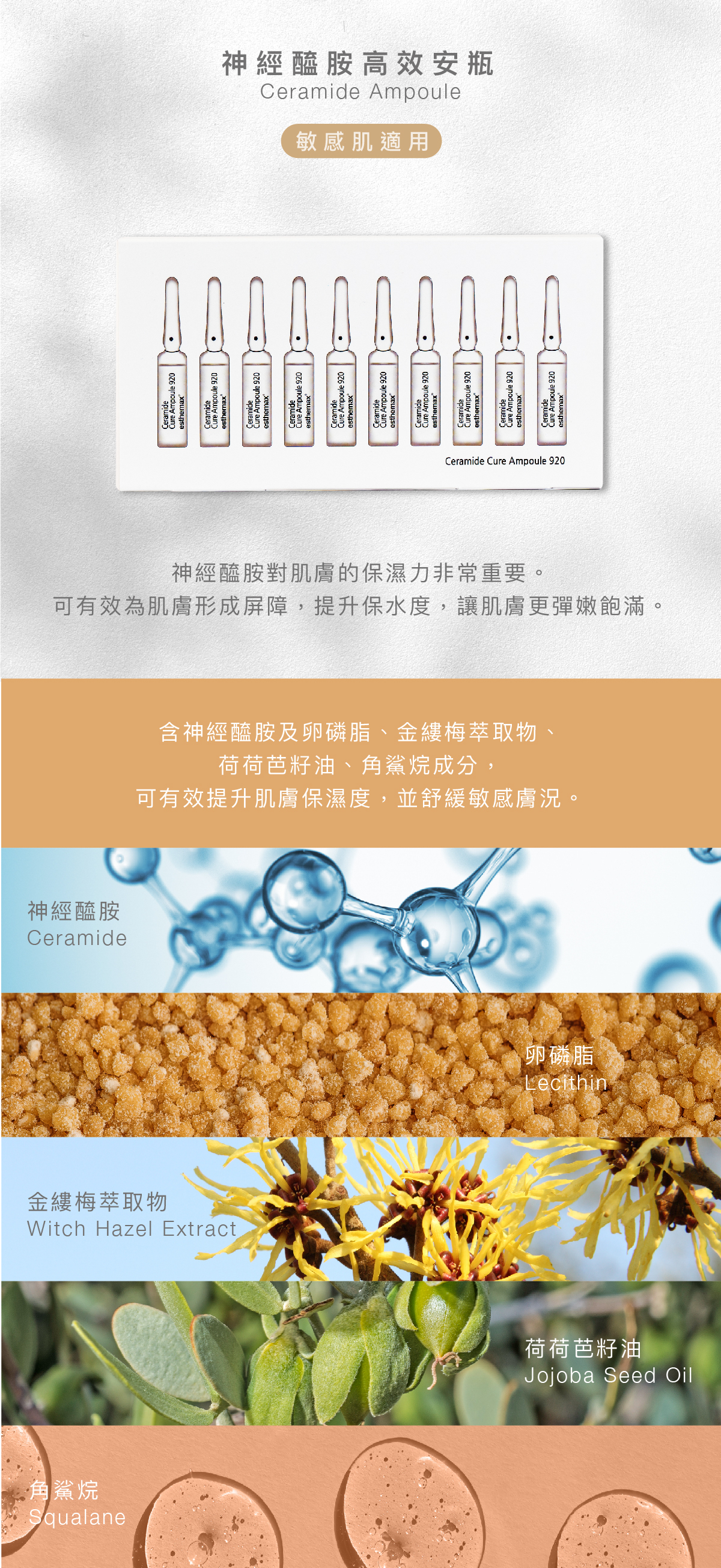 神經醯胺高效安瓶 Ceramide Ampoule 敏感肌適用  功效 神經醯胺對肌膚的保濕力非常重要。 可有效為肌膚形成屏障，提升保水度，讓肌膚更彈嫩飽滿。  成分 含神經醯胺及卵磷脂、金縷梅萃取物、荷荷芭籽油、角鯊烷成分，可有效提升肌膚保濕度，並舒緩敏感膚況。  神經醯胺及卵磷脂 金縷梅萃取物 荷荷芭籽油 角鯊烷