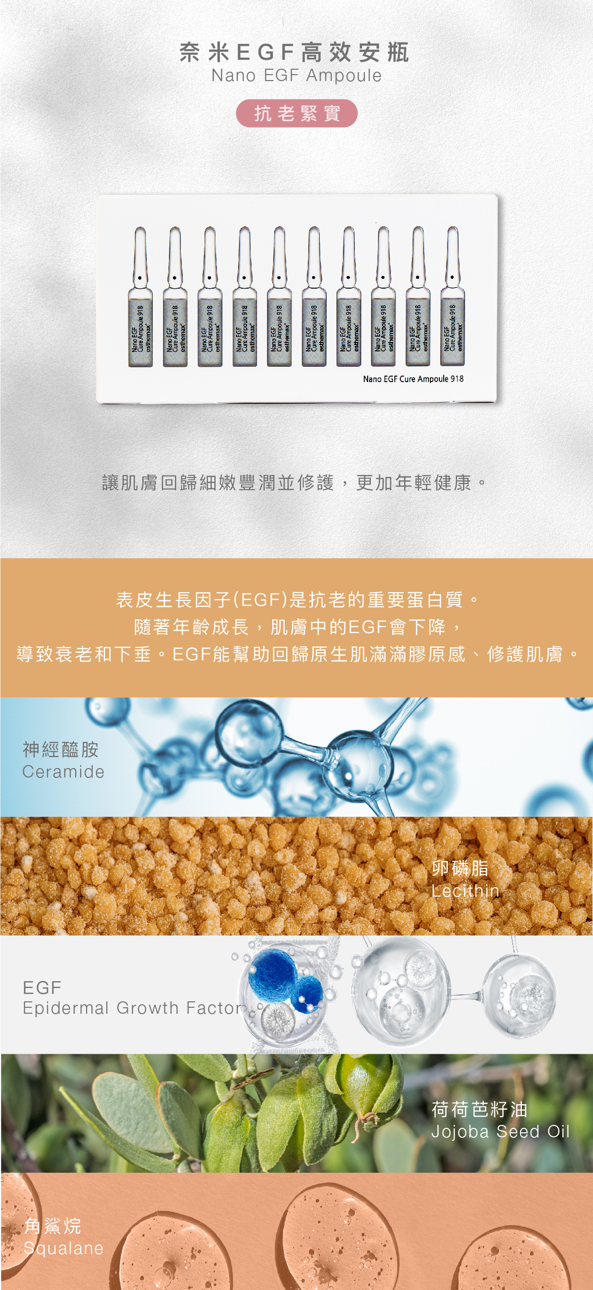 奈米EGF高效安瓶  Nano EGF Ampoule 抗老緊實  功效 讓肌膚回歸細嫩豐潤並修護，更加年輕健康。  成分 表皮生長因子(EGF)是抗老的重要蛋白質。隨著年齡成長，肌膚中的EGF會下降，導致衰老和下垂。EGF能幫助回歸原生肌滿滿膠原感、修護肌膚。   EGF、卵磷脂 、神經醯胺、荷荷芭籽油、角鯊烷