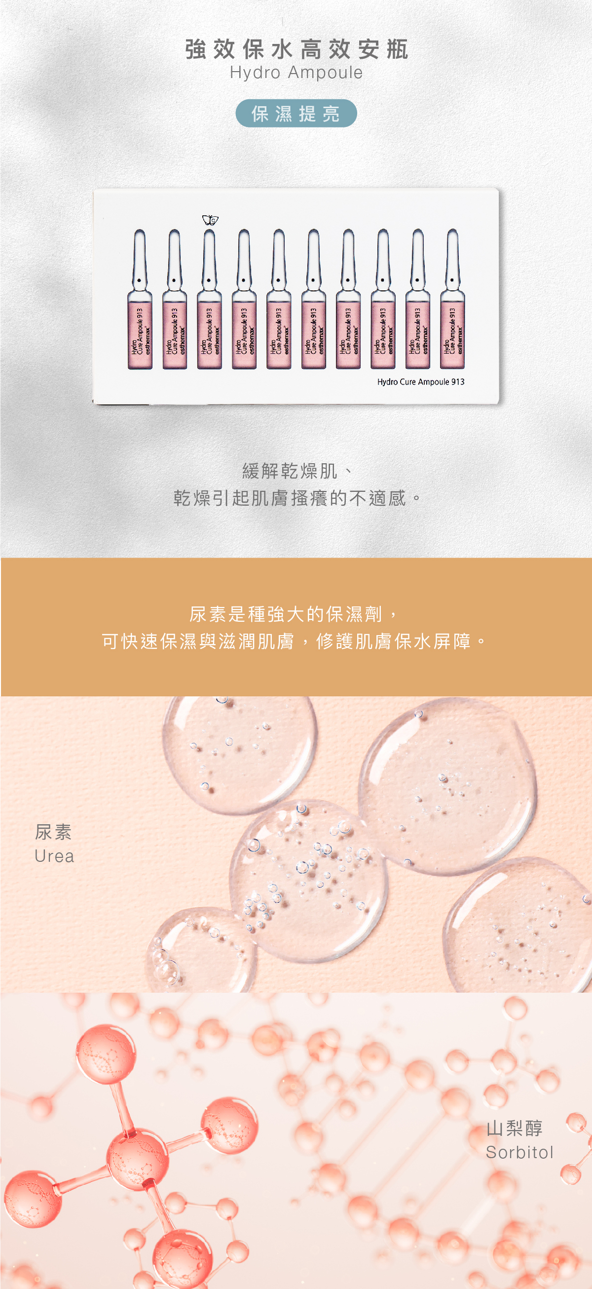 強效保水安瓶  Hydro Ampoule 保濕提亮 功效 緩解乾燥肌、乾燥引起肌膚搔癢的不適感。 成分 尿素是種強大的保濕劑，可快速保濕與滋潤肌膚，修護肌膚保水屏障。  尿素、山梨醇