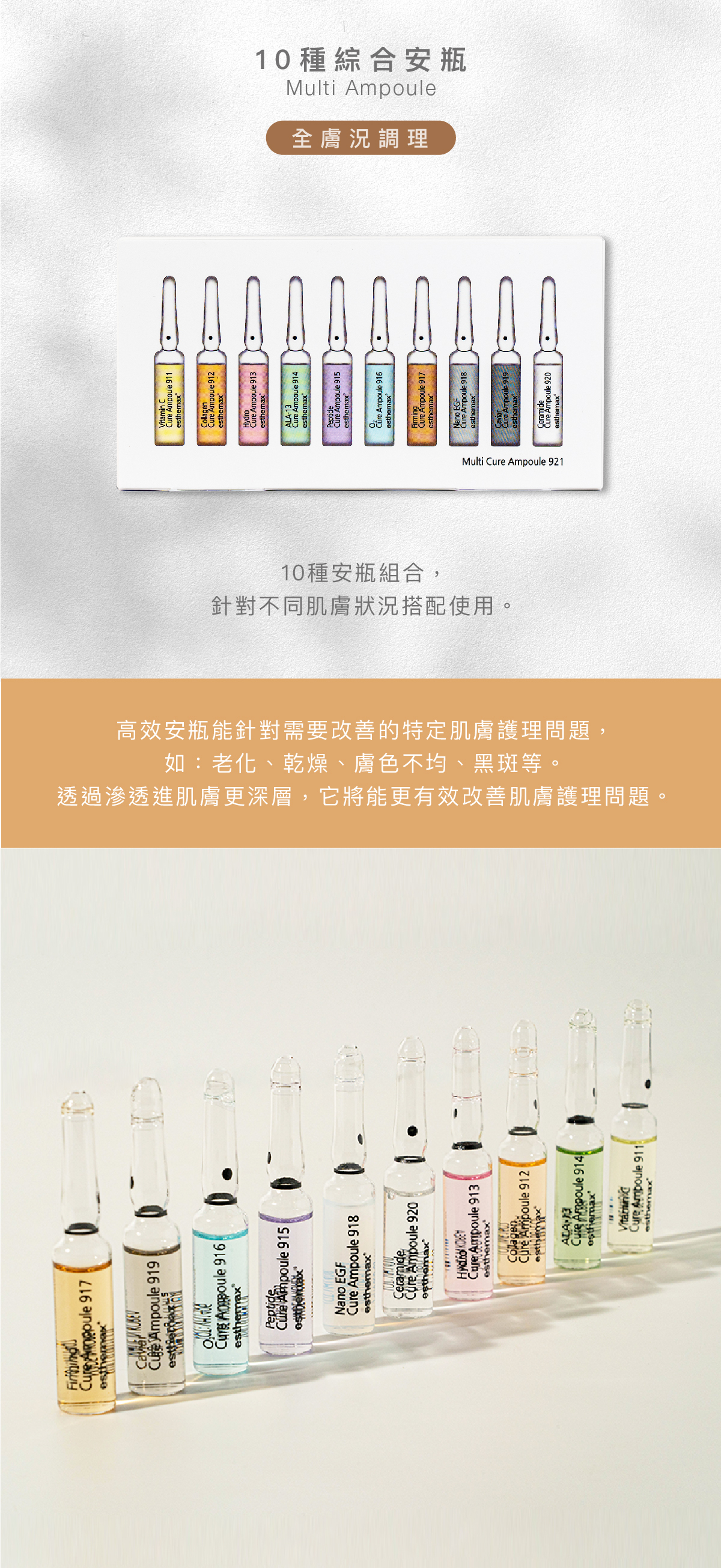 10種綜合安瓶 Multi Ampoule 全膚況調理  功效 10種安瓶組合，針對不同肌膚狀況搭配使用  成分 高效安瓶能針對需要改善的特定肌膚護理問題，如：老化、乾燥、膚色不均、黑斑等。透過滲進肌膚更深層，它將能更有效改善肌膚護理問題。