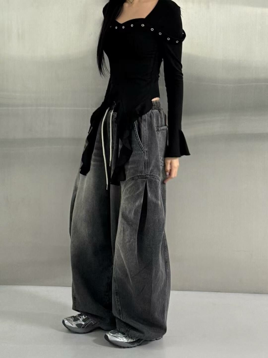 圓切側開叉牛仔褲
