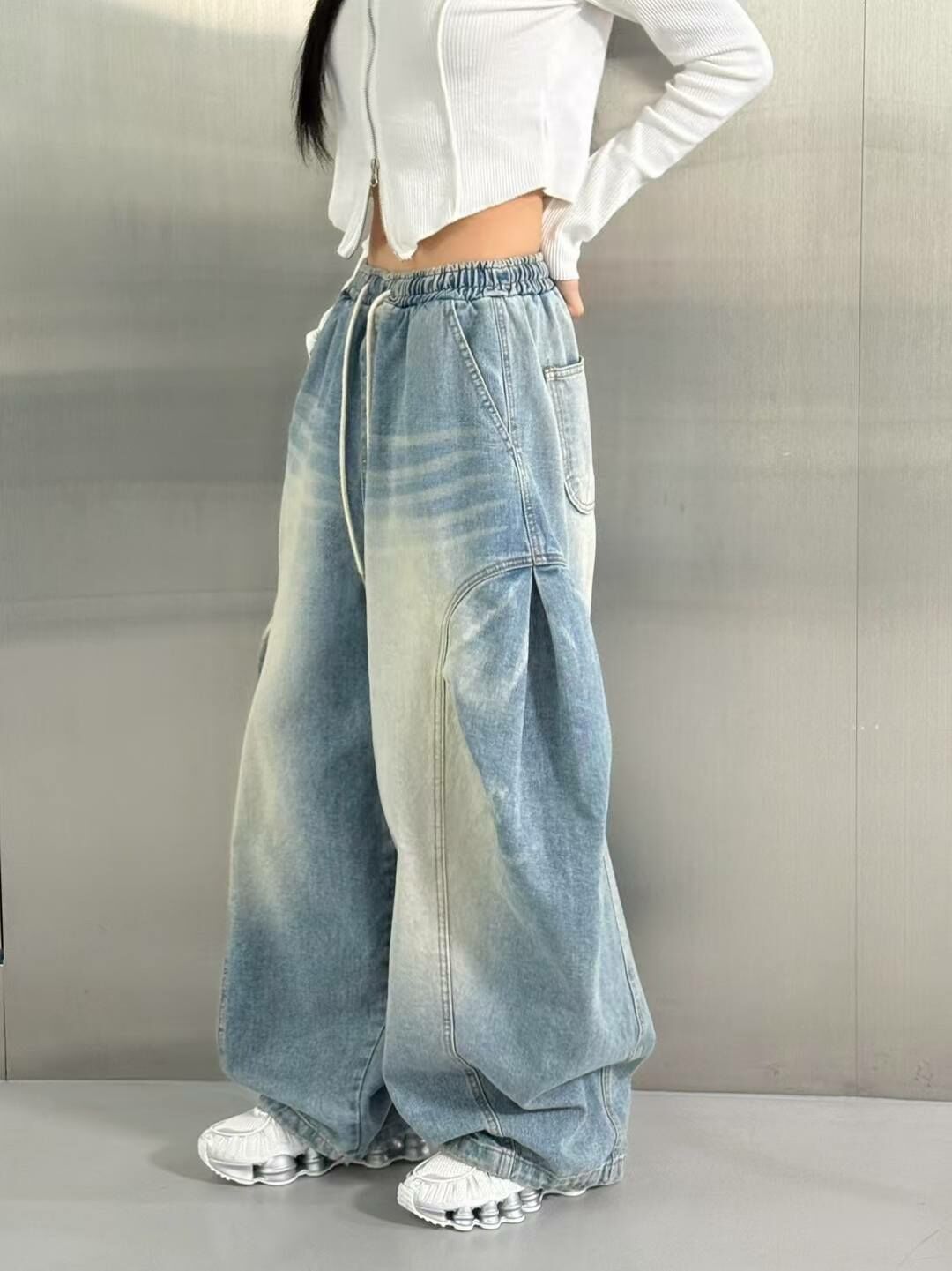 圓切側開叉牛仔褲