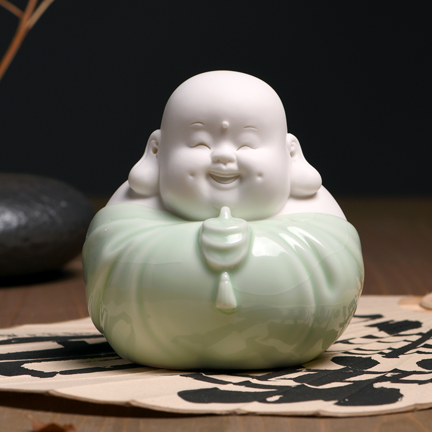 傳藝工坊- 『開心佛彌勒佛』白瓷青瓷笑佛