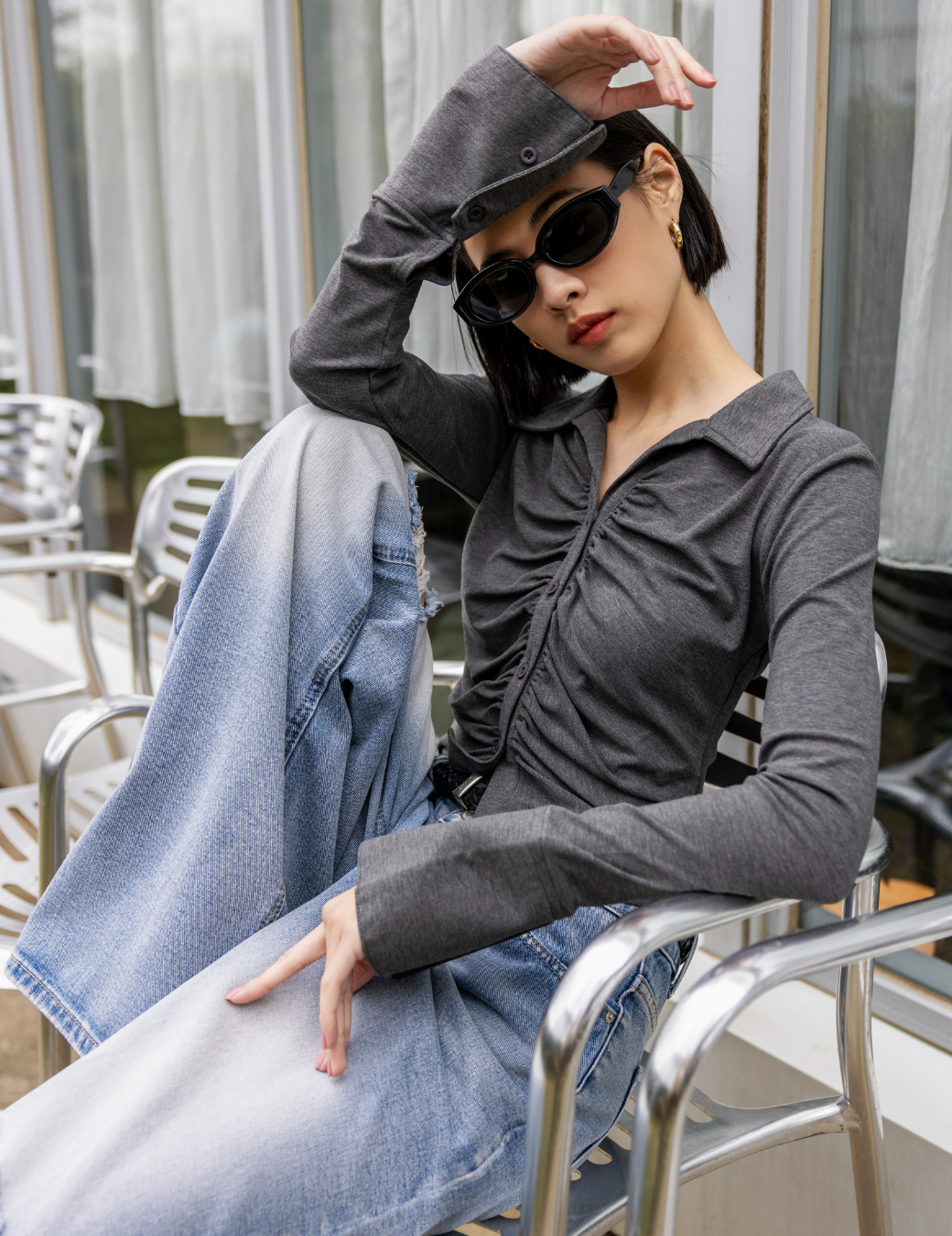 前抓皺修身排扣長袖上衣（3尺寸）