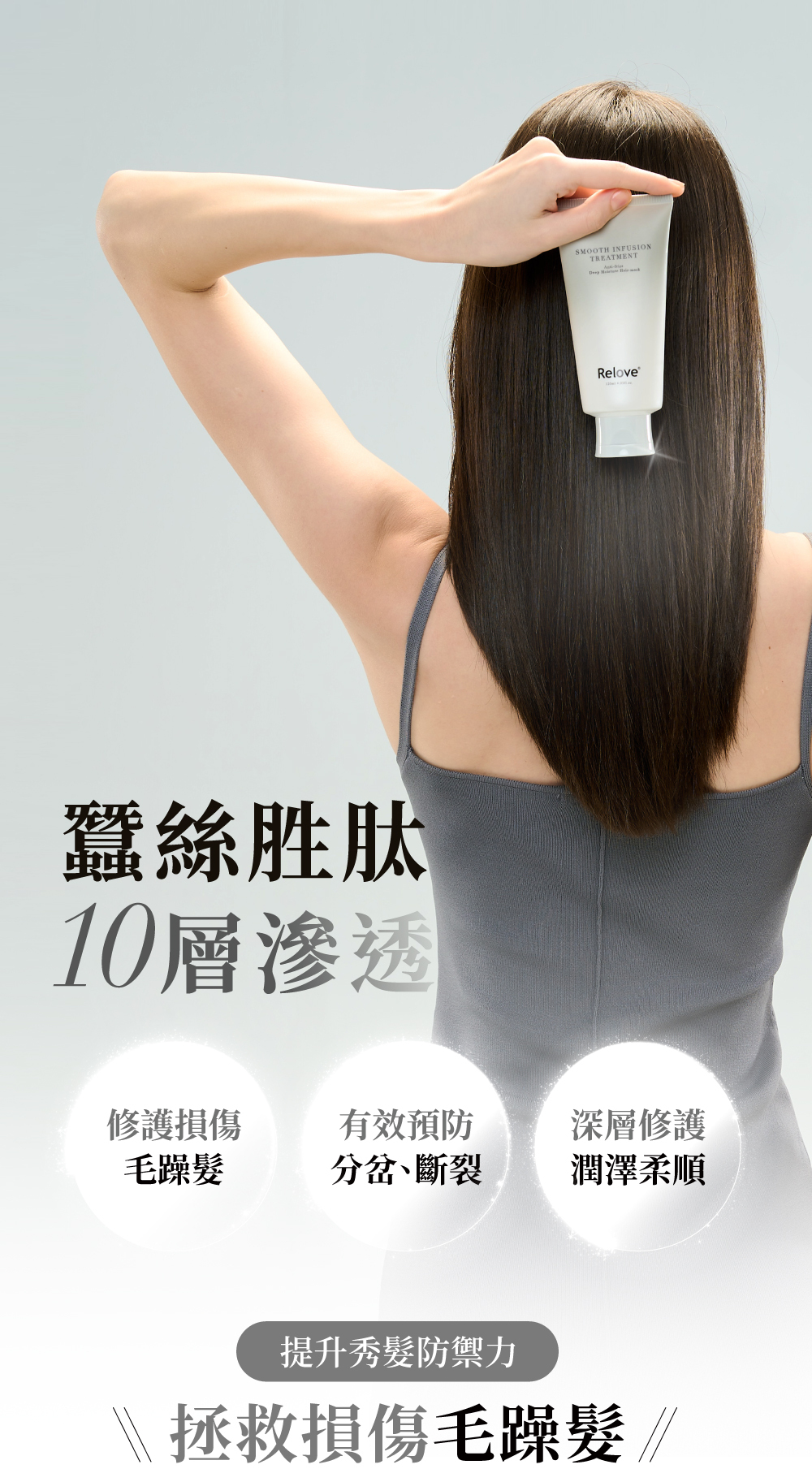 獨家蠶絲胜肽添加，10層滲透拯救損傷毛躁髮