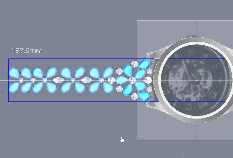 A 3D-rendered digital model of a watch bracelet with an intricate floral design. The bracelet consists of alternating round and marquise-shaped gemstones, with blue petal-like elements forming a decorative pattern. The design is aligned with a watch case on the right side, and the total length is marked as 157.3mm. The animation likely showcases adjustments or a design preview for jewelry customization.