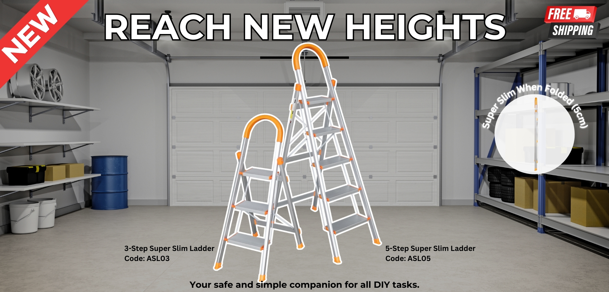 Lightweight aluminium ladder ASL03 and ASL05 models, super slim when folded!