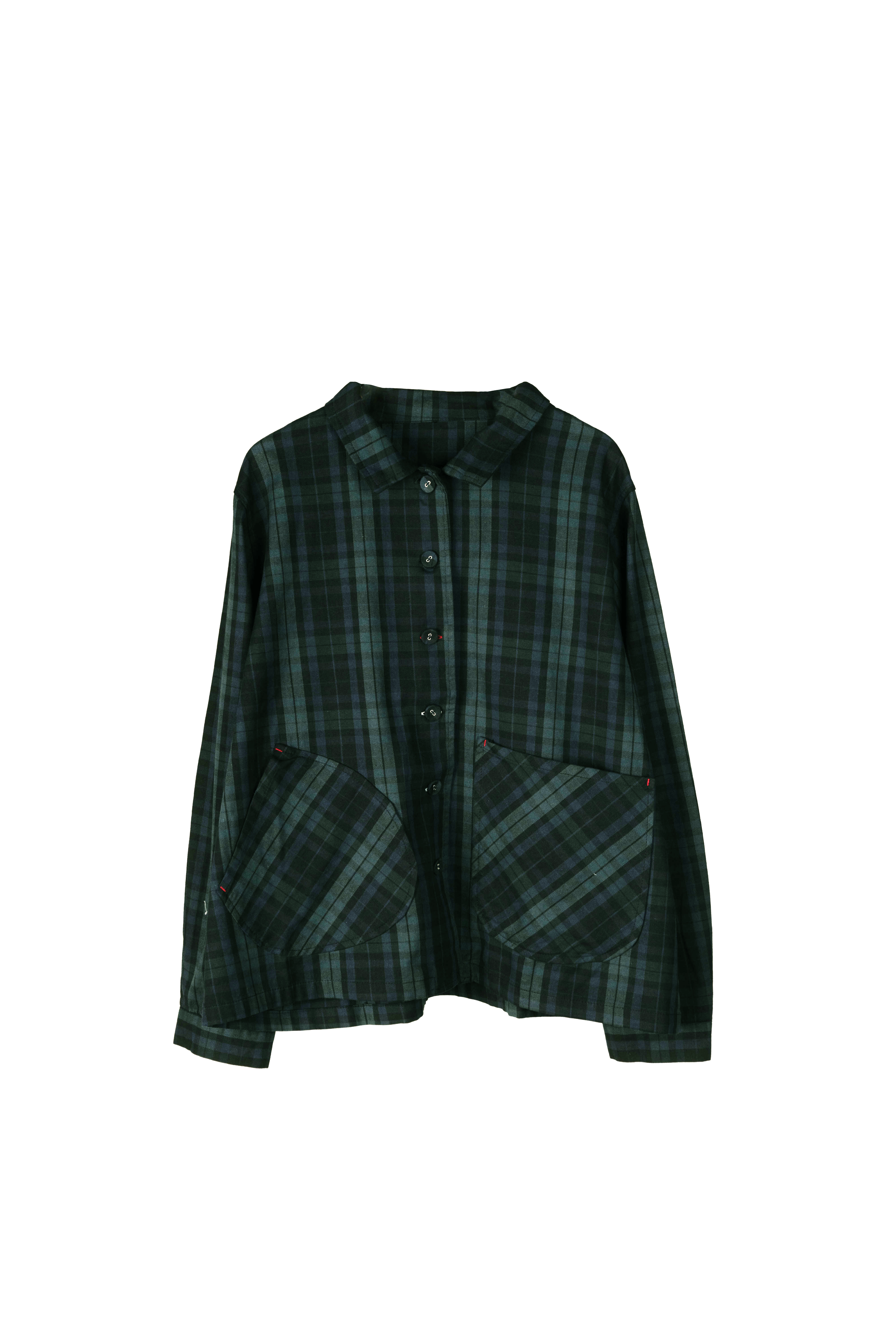 藍綠格口袋不對稱薄外套