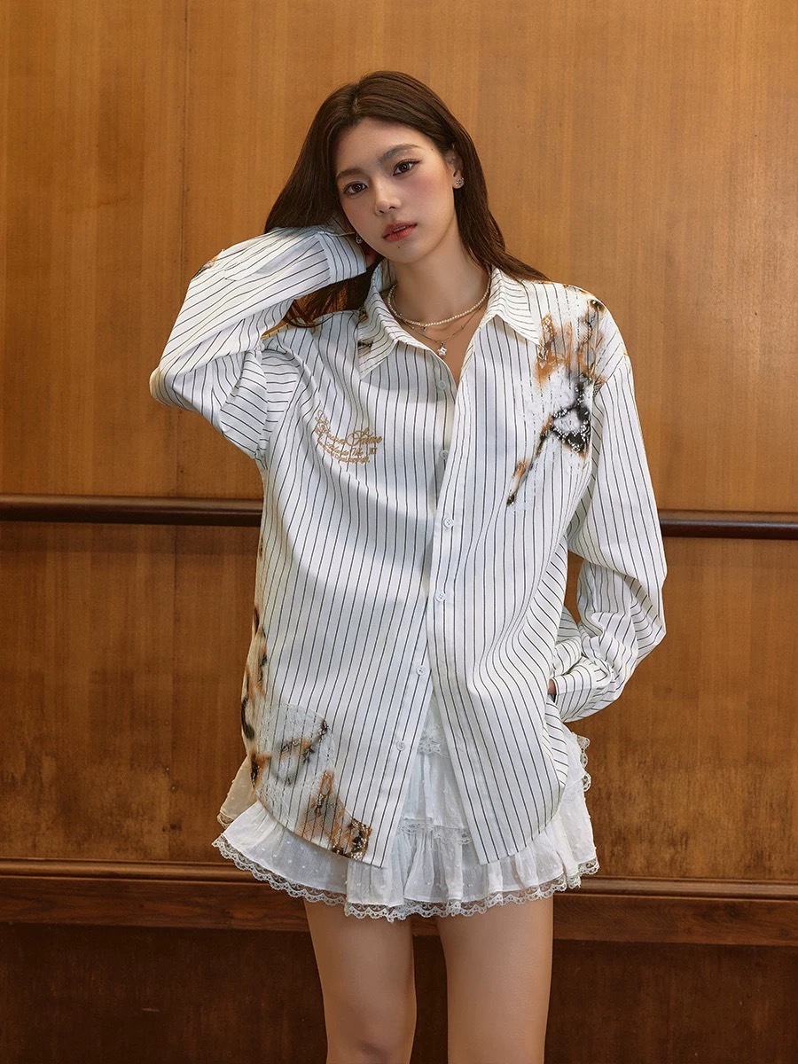 Harsh and Cruel 燒灼破壞 蕾絲刺繡 條紋襯衫 HZ251070007