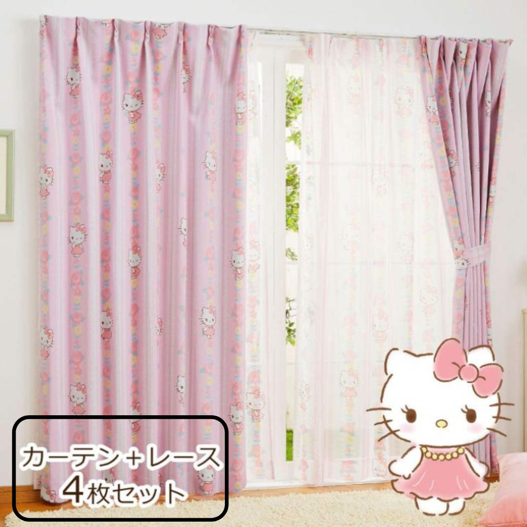 20097-KT Sanrio Hello Kitty 花圖案2級遮光窗簾 + 窗紗 (一套4塊)  #JP-BD20-SB-521-S-SB-522-S