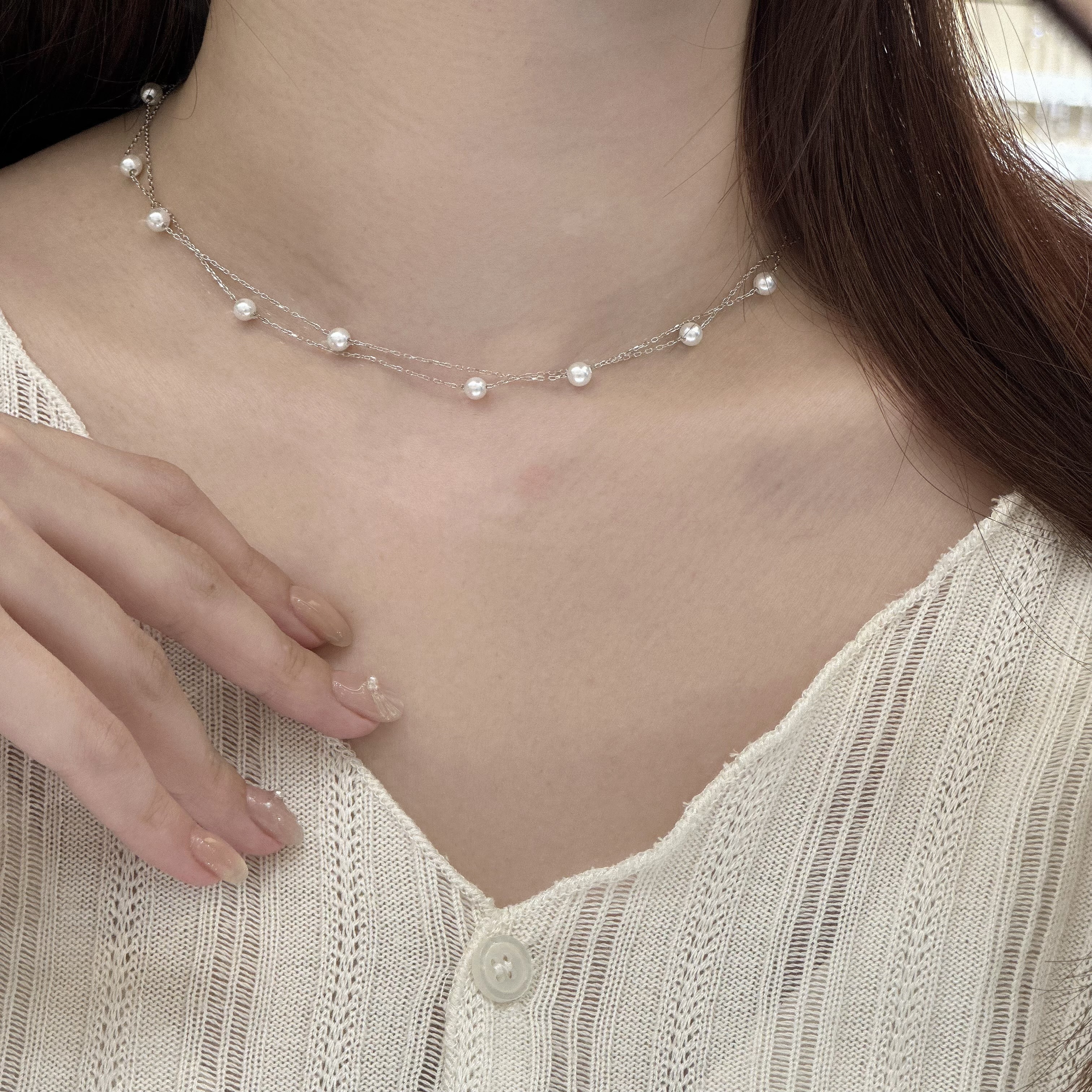 U01雙層珍珠純銀項鍊