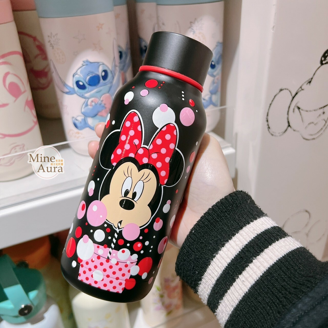 米妮 Minnie 彩色泡泡 喝飲料圖案 黑色 隨身 水壺 保溫瓶 -香港迪士尼樂園