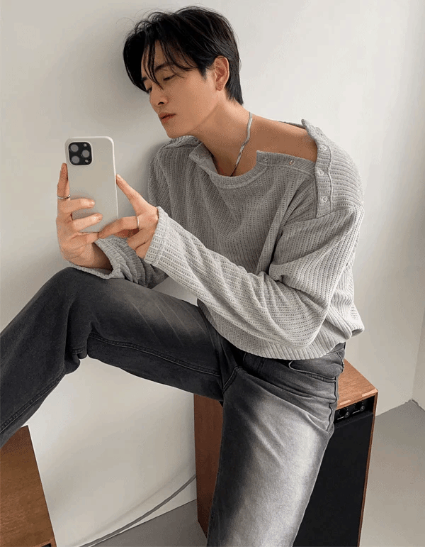 絲絨雙亨利領開扣長袖上衣