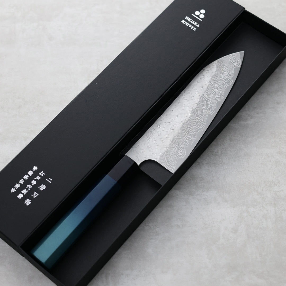 藍包丁x二唐刃物 三德 165mm SG Strix粉末HSS鋼 鎚目大馬士革