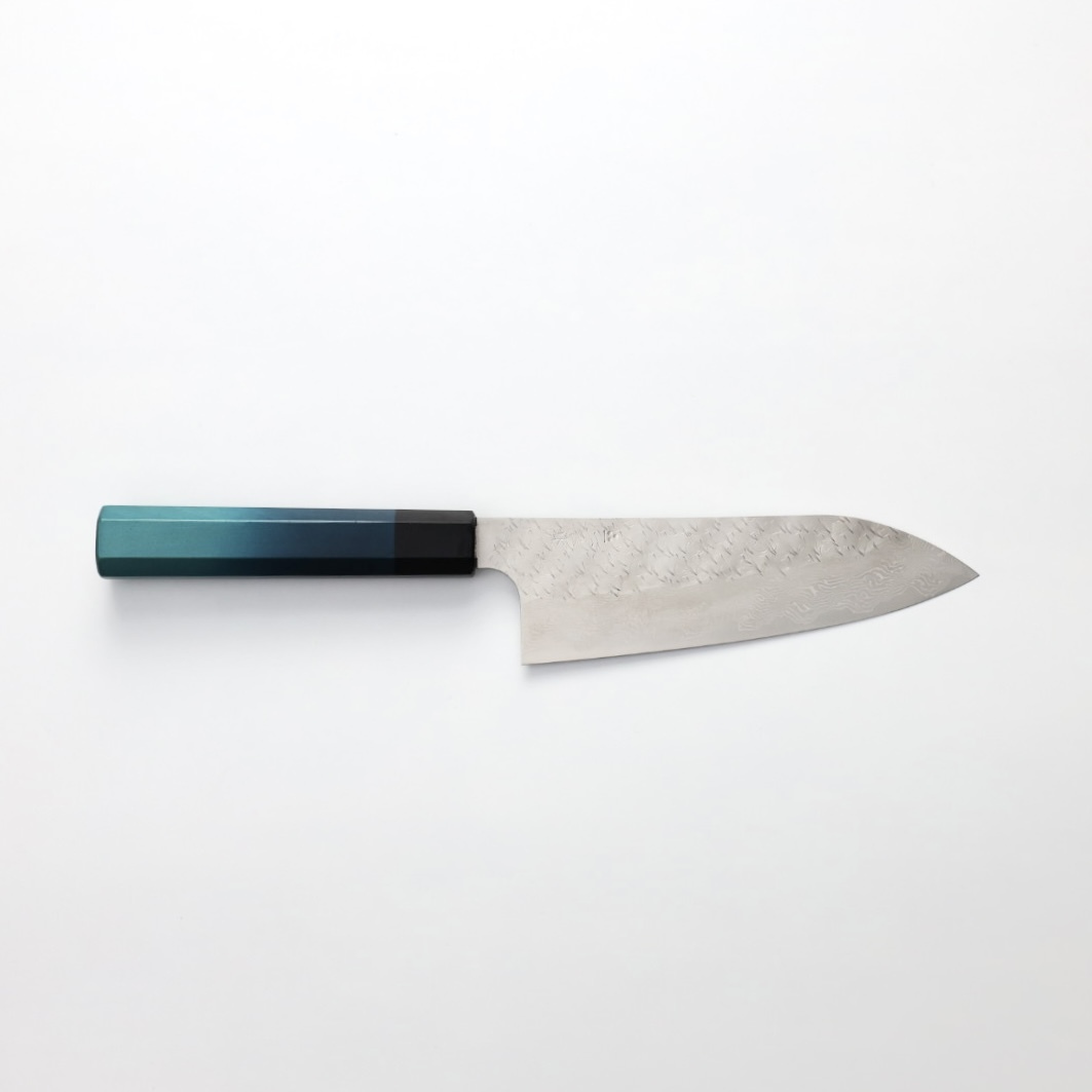 藍包丁x二唐刃物 三德 165mm SG Strix粉末HSS鋼 鎚目大馬士革