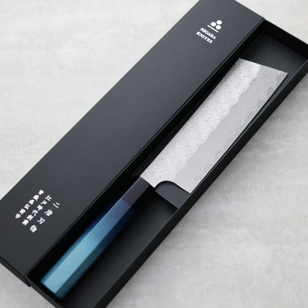 藍包丁x二唐刃物 菜切 180mm SG Strix粉末HSS鋼 鎚目大馬士革