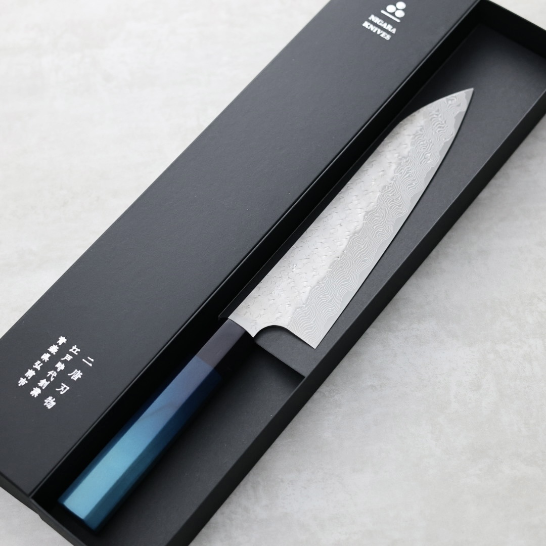 藍包丁x二唐刃物 牛刀 210mm SG Strix粉末HSS鋼 鎚目大馬士革