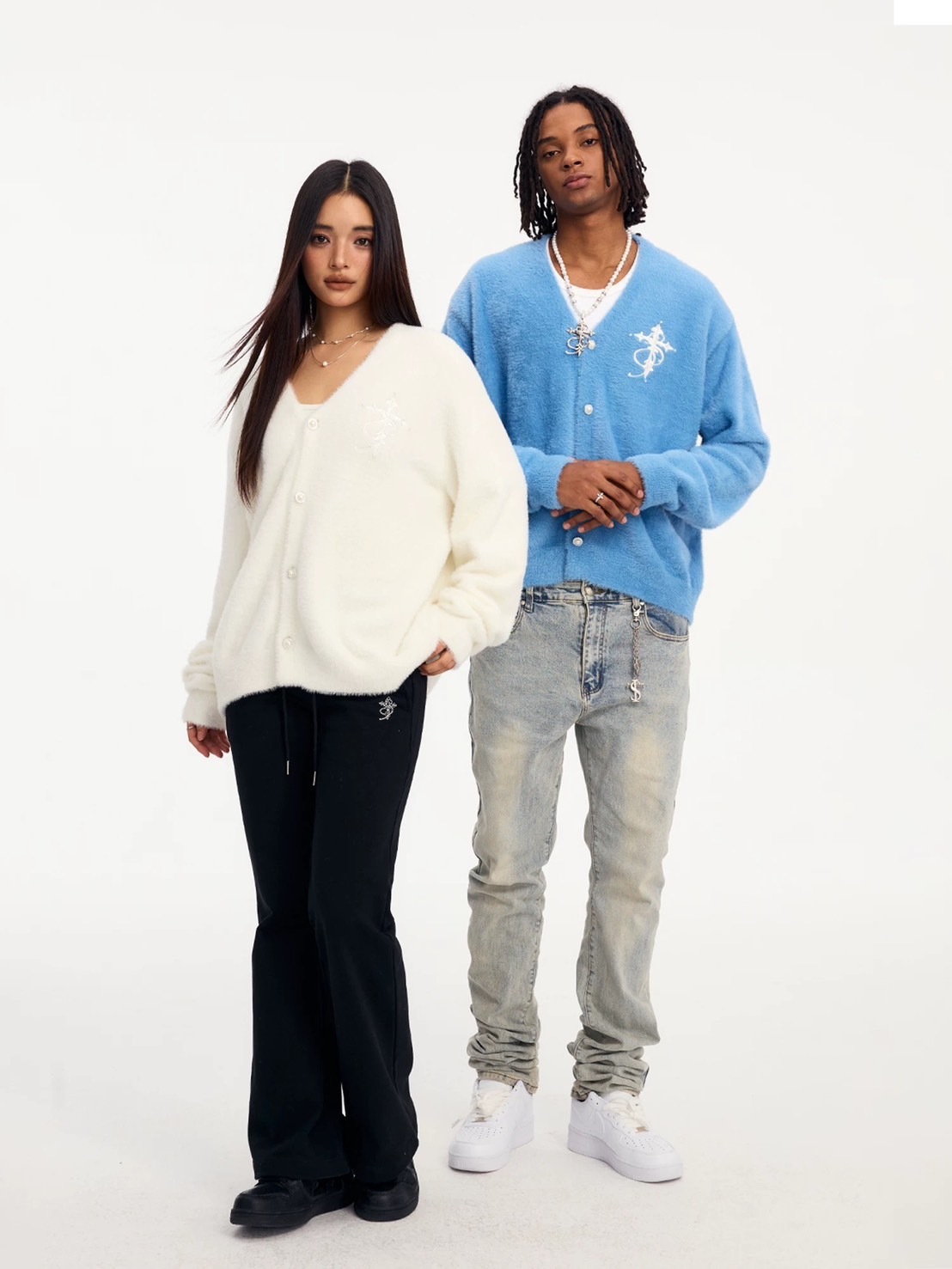 STK SmallTownKid 仿貂毛 珍珠刺繡Logo 針織開襟衫外套