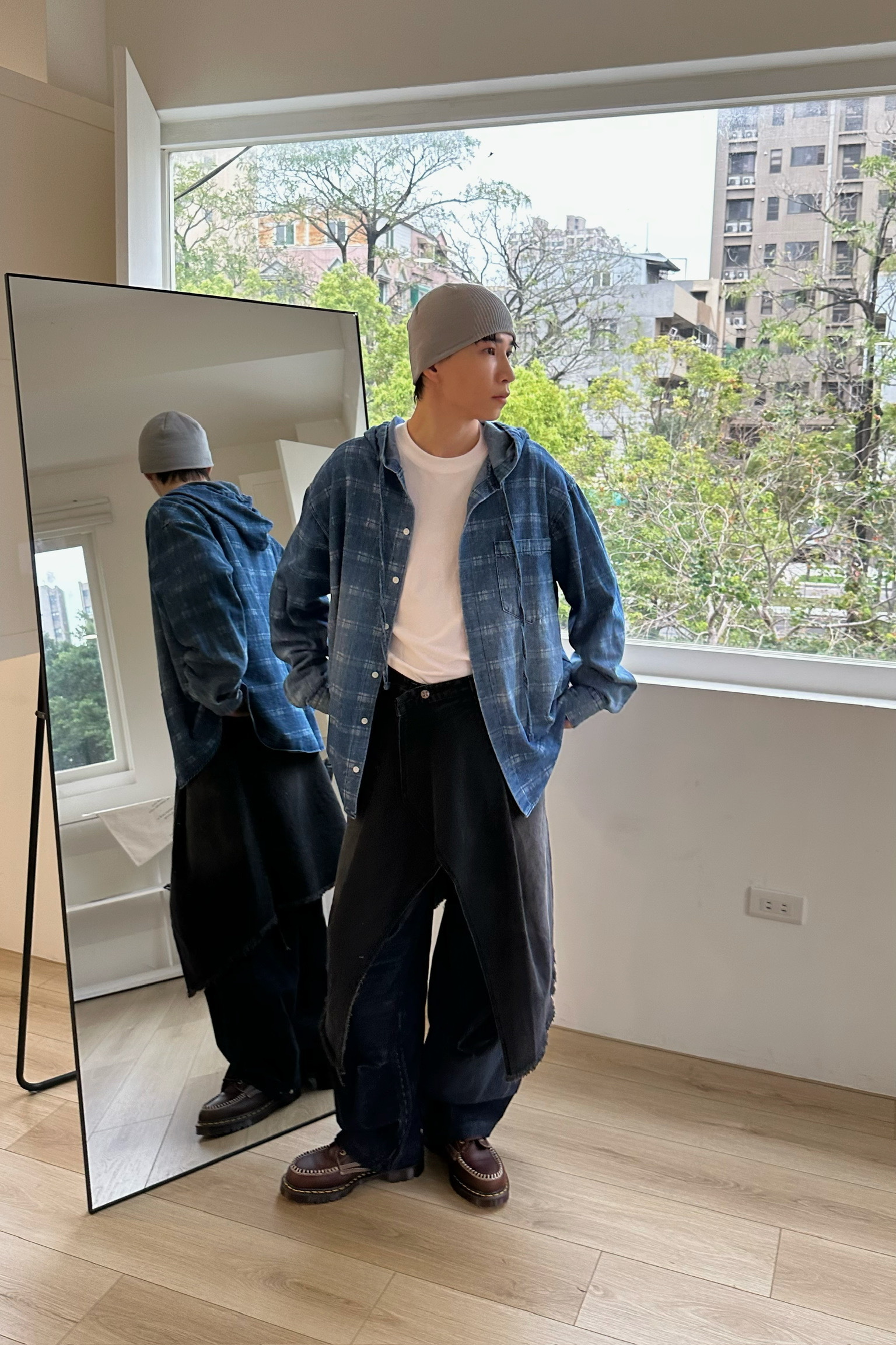 刷白格紋連帽牛仔襯衫