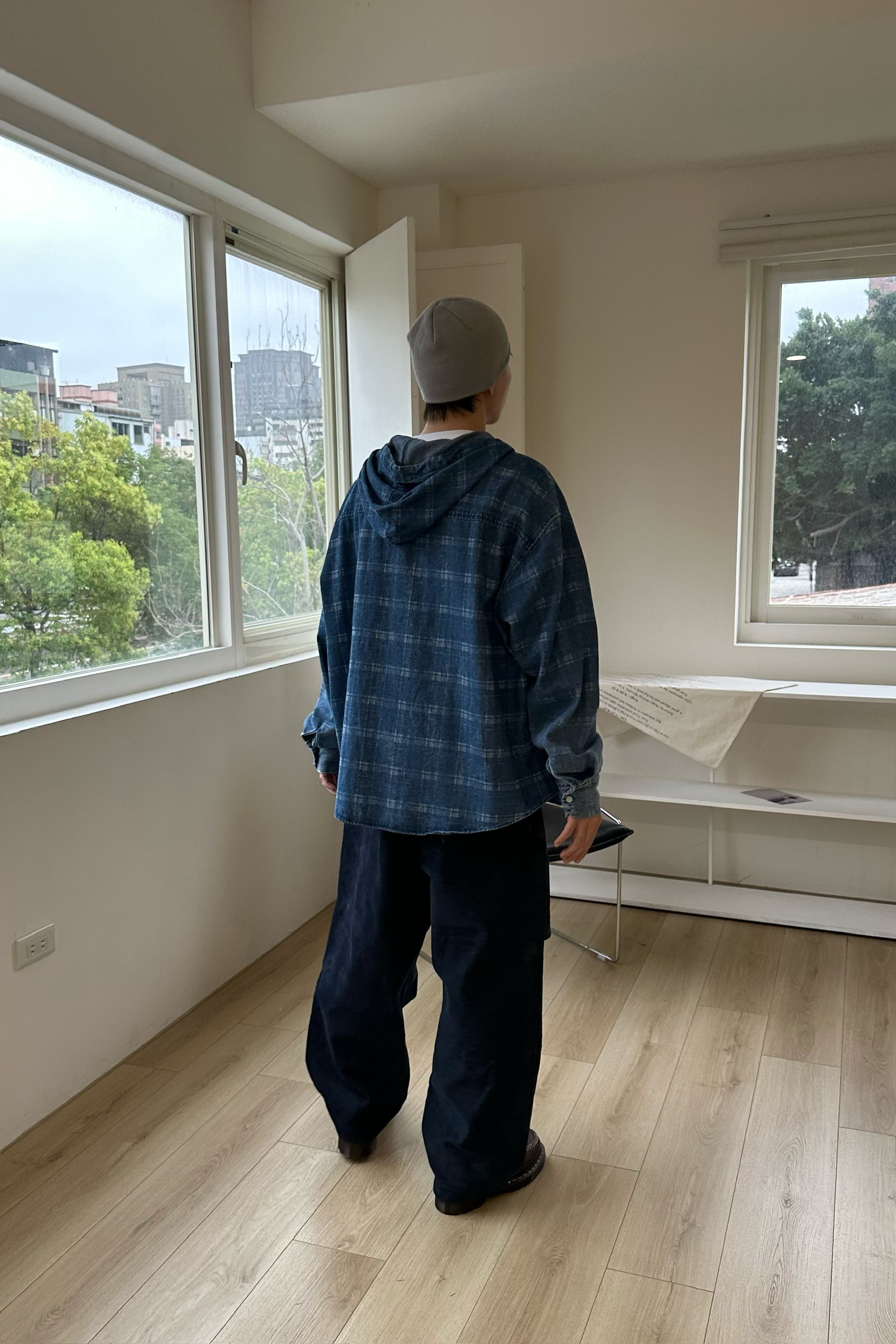 刷白格紋連帽牛仔襯衫