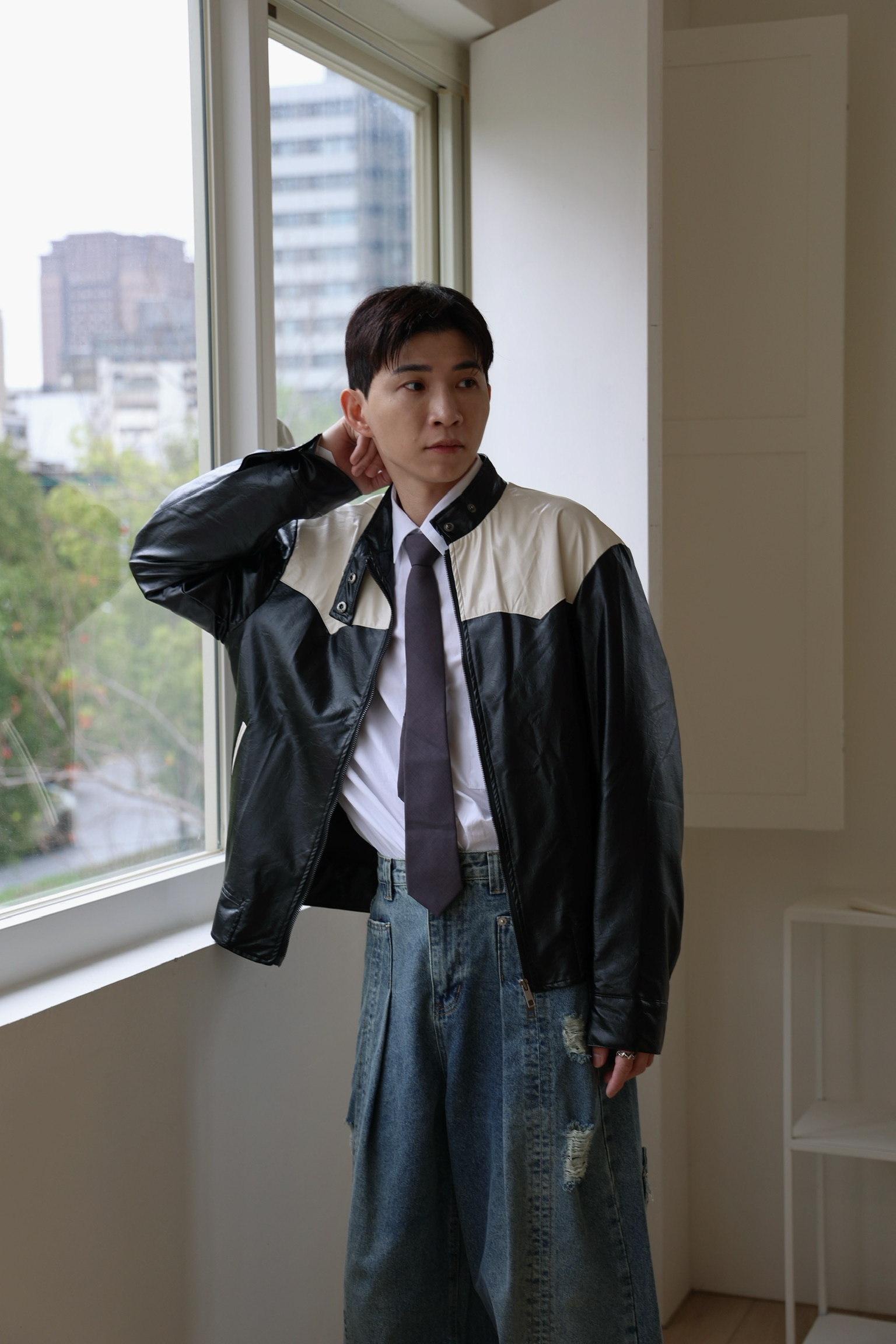 騎士拼色皮外套