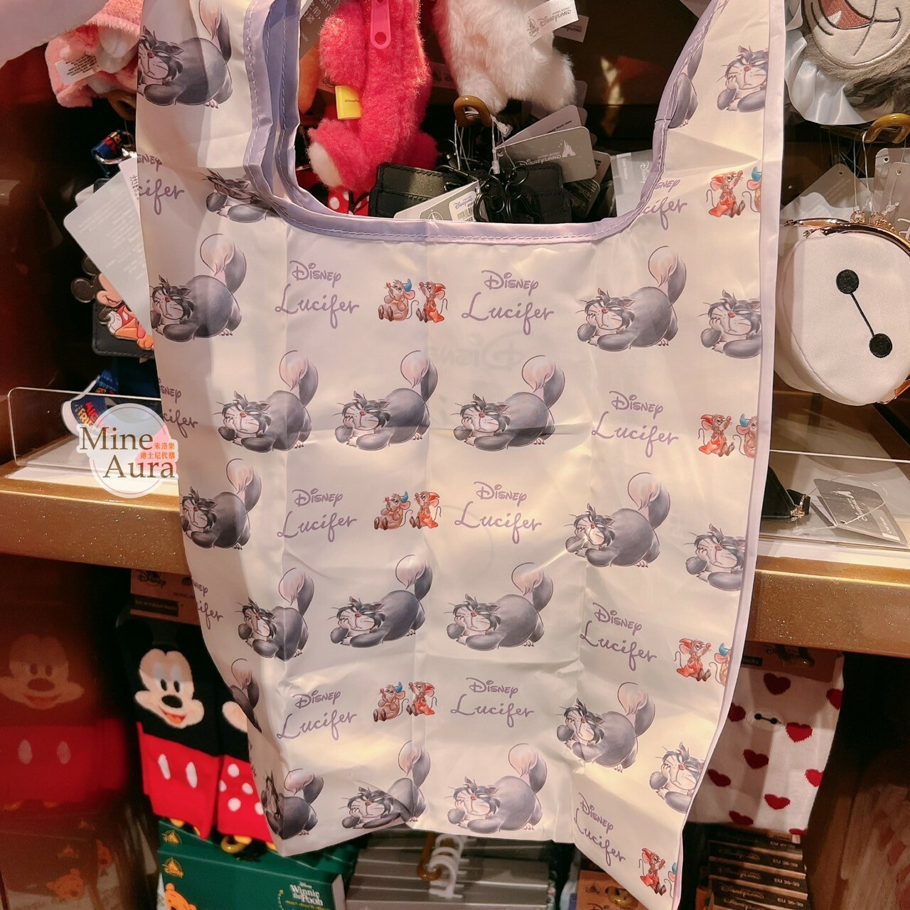 路西法 魯斯佛 Lucife 壞貓咪 大頭絨毛造型 鑰匙圈 吊飾 折疊收納 環保 購物袋 -香港迪士尼樂園