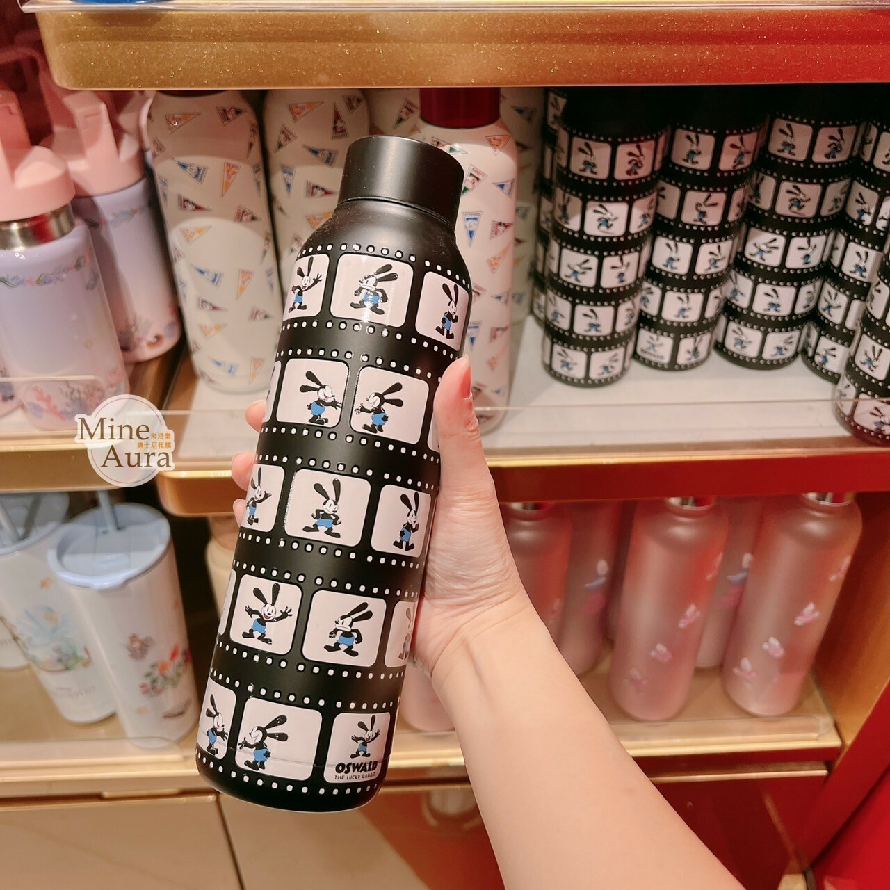 幸運兔 奧斯華 Oswald 滿版底片圖案 黑色蓋 保溫瓶 水壺 -香港迪士尼樂園