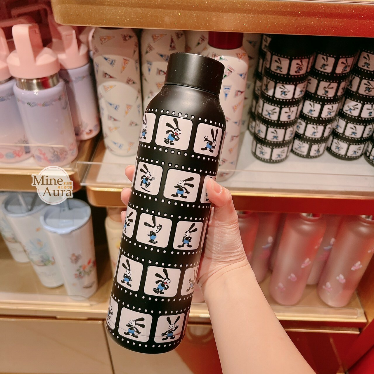 幸運兔 奧斯華 Oswald 滿版底片圖案 黑色蓋 保溫瓶 水壺 -香港迪士尼樂園