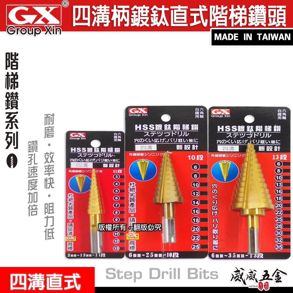 GX｜四溝柄直式階梯鑽頭｜HSS 鍍鈦 四溝直式｜鑽孔圓穴鑽 四溝柄直式 白鐵用階梯鑽 四溝階梯鑽尾｜台灣製