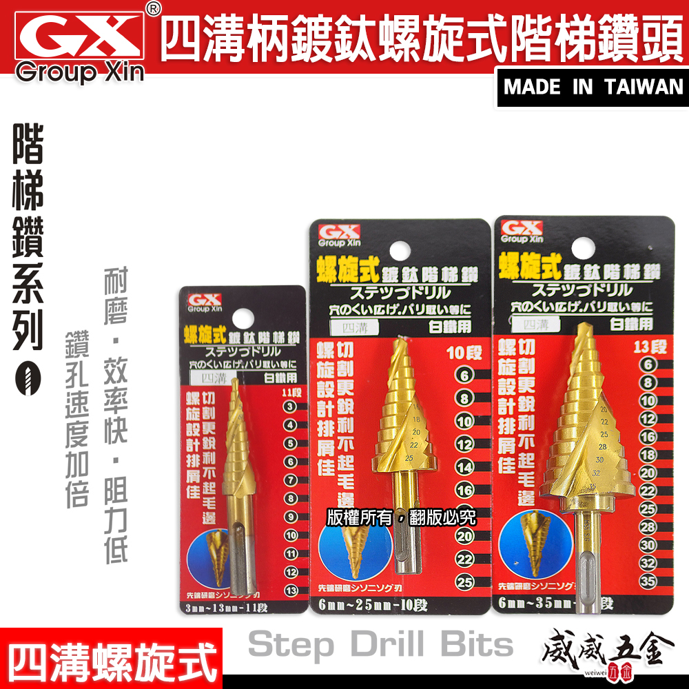 GX 台灣製｜四溝鍍鈦螺旋階梯鑽頭｜HSS 鍍鈦 四溝螺旋｜圓穴鑽 四溝柄螺旋式白鐵用階梯鑽尾 四溝階梯鑽尾