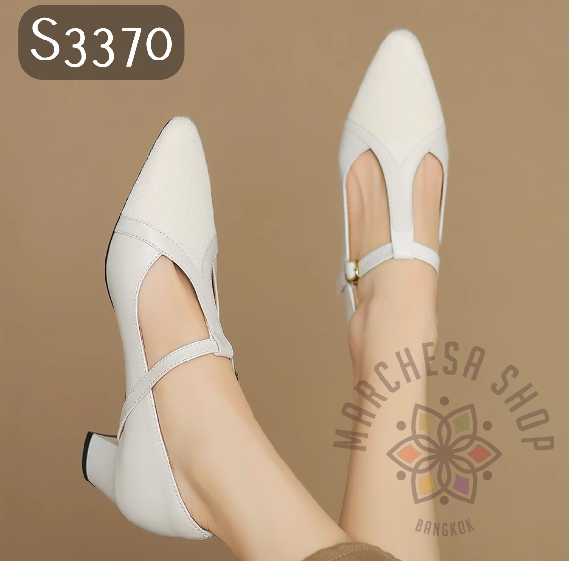 S3370 - 羊猄拼皮純色鏤空一字帶尖頭低踭鞋